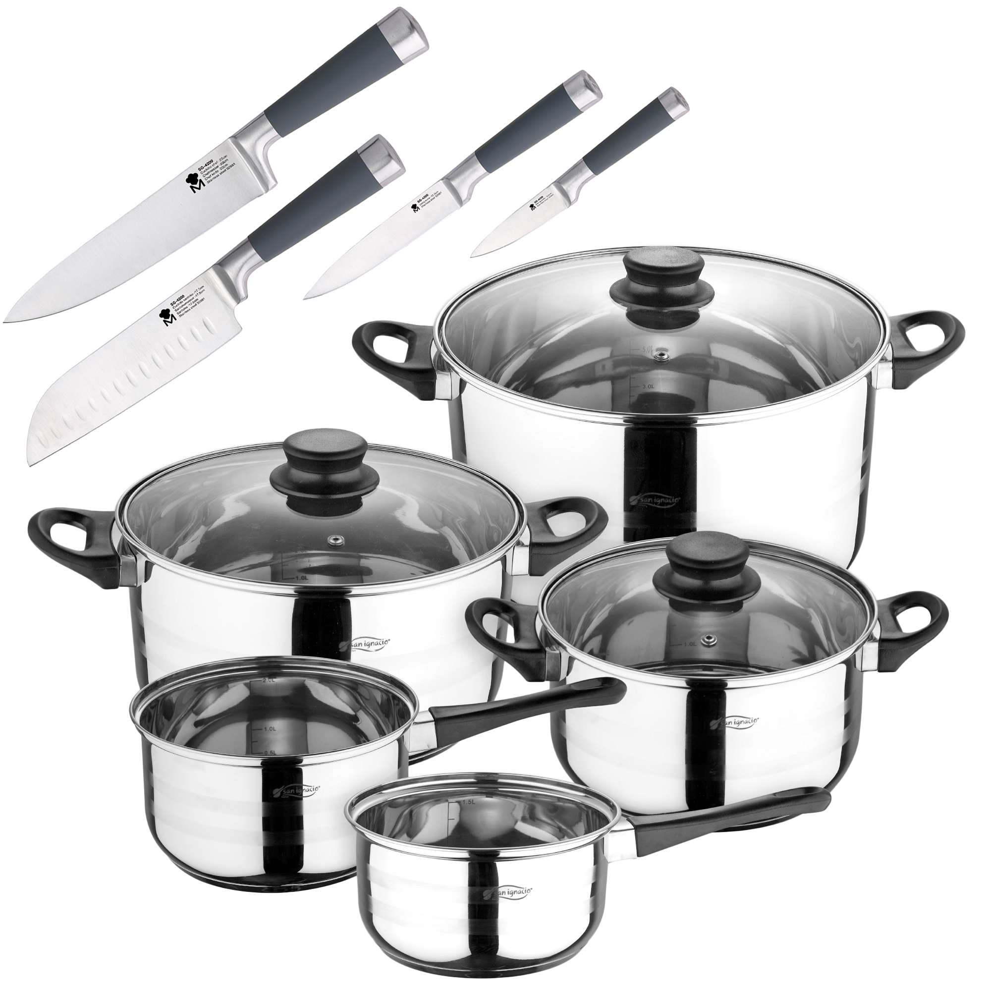 San Ignacio Batería de Cocina SIP 8 Piezas y Set de 4 Cuchillos de Cocina