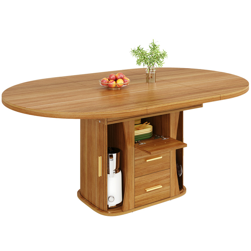 Table à manger extensible ronde à ovale 118 à 158 cm finition noyer avec rangement intégré