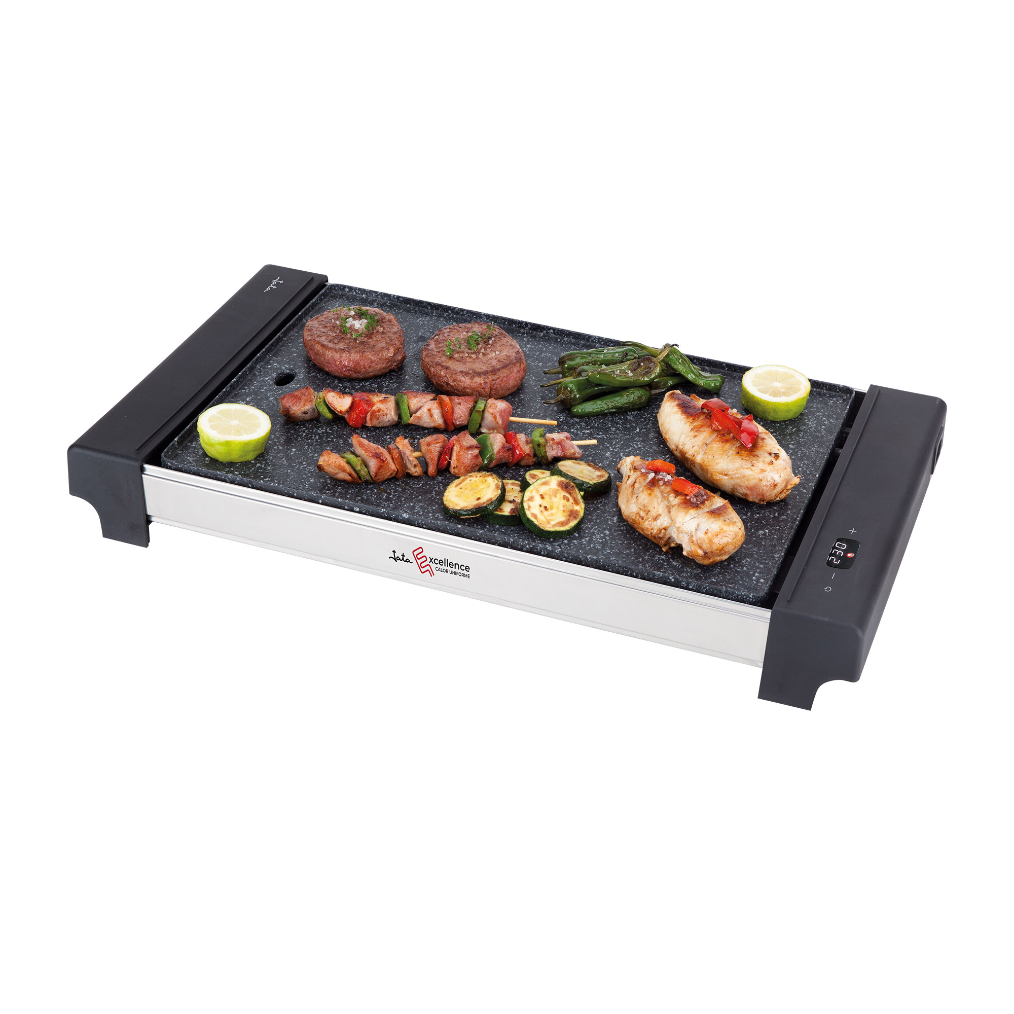JATA JEGR3000 - Plancha de Cocina Electrónica con 5 Temperaturas. 2700 W. Antiadherente. Medidas: 48 x 32 cm. Fácil Limpieza. Bandeja Recogesalsas. Resistencia Excellence