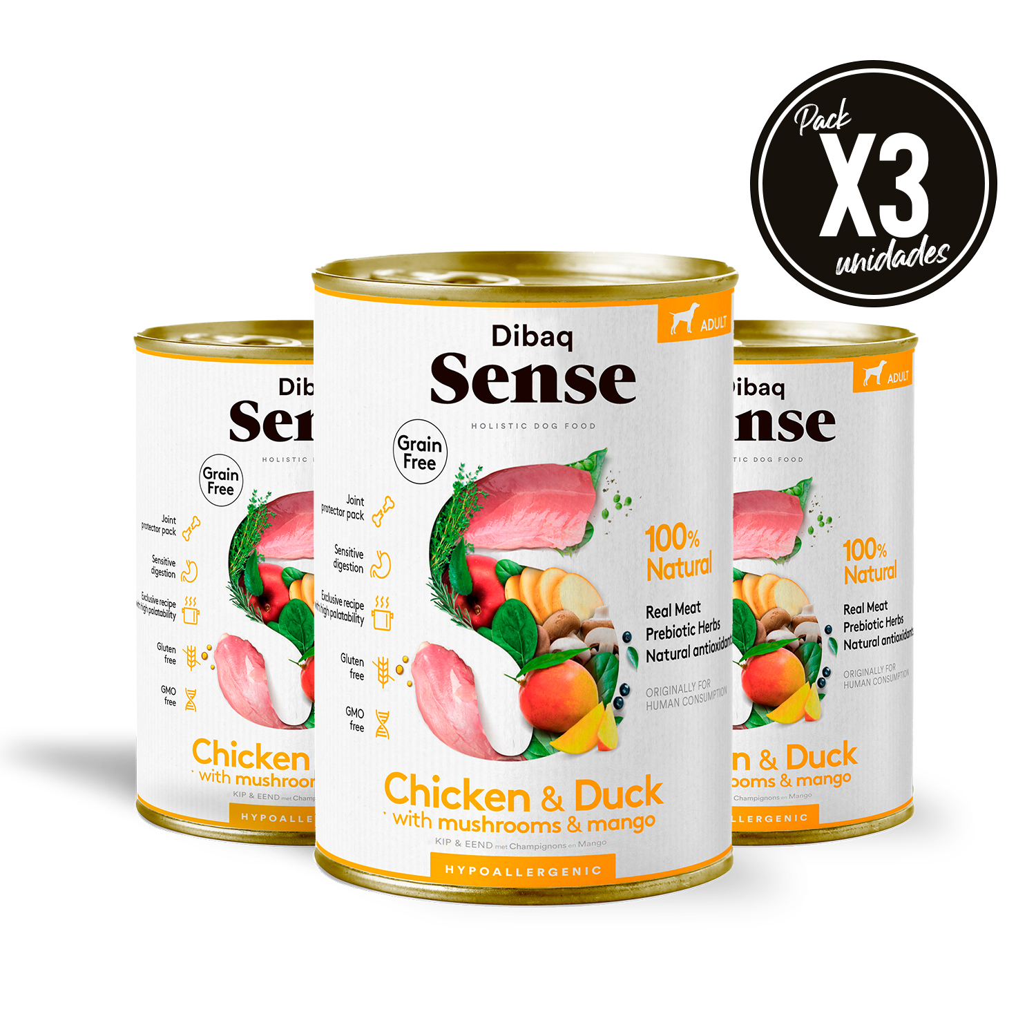 Dibaq Sense Dog,  comida húmeda, pollo y pato, sin cereales, pack 3 uds x 380 gr