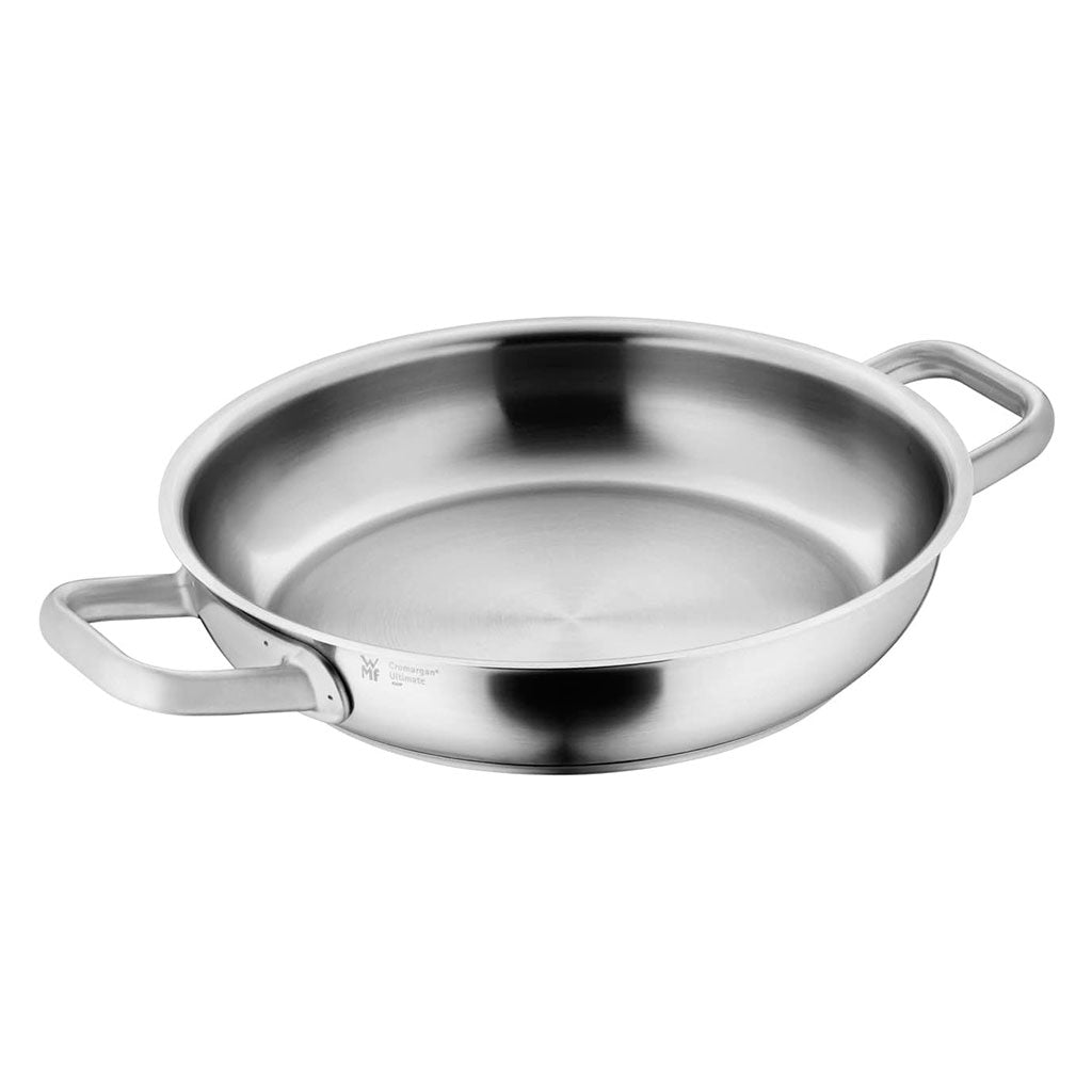 Sartén de Acero Inoxidable Cromargan® 24 cm con 2 Asas – Colección Ultimate de WMF, Fondo Ultraplano para Calentamiento Uniforme, Ideal para Inducción y Horno hasta 250 °C