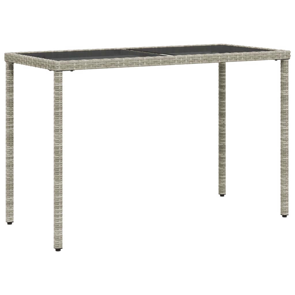 vidaXL Mesa jardín superficie vidrio ratán PE gris claro 115x54x74 cm