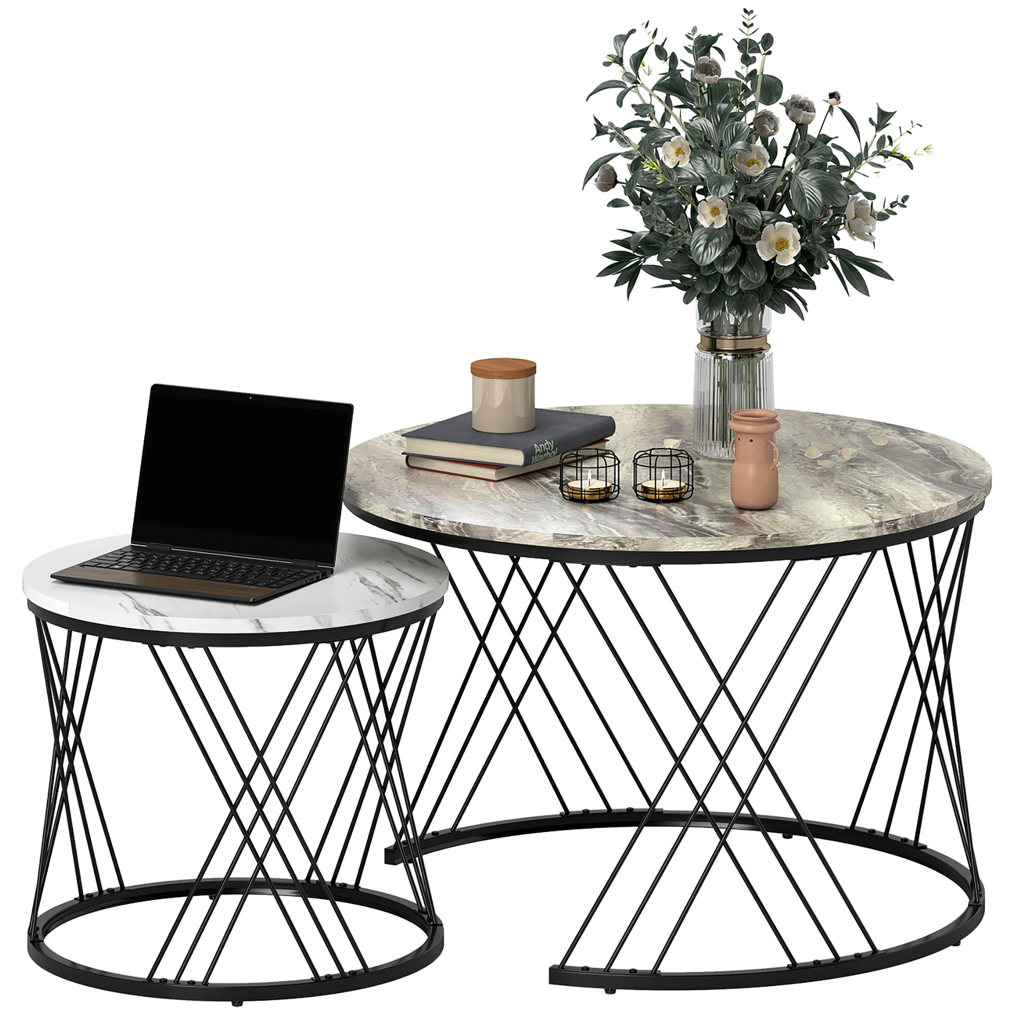 HOMCOM Juego de 2 Mesas Nido Mesas de Centro para Salón Redondas con Tablero con Diseño de Mármol Marco de Metal para Sala de Estar Dormitorio Gris y Blanco