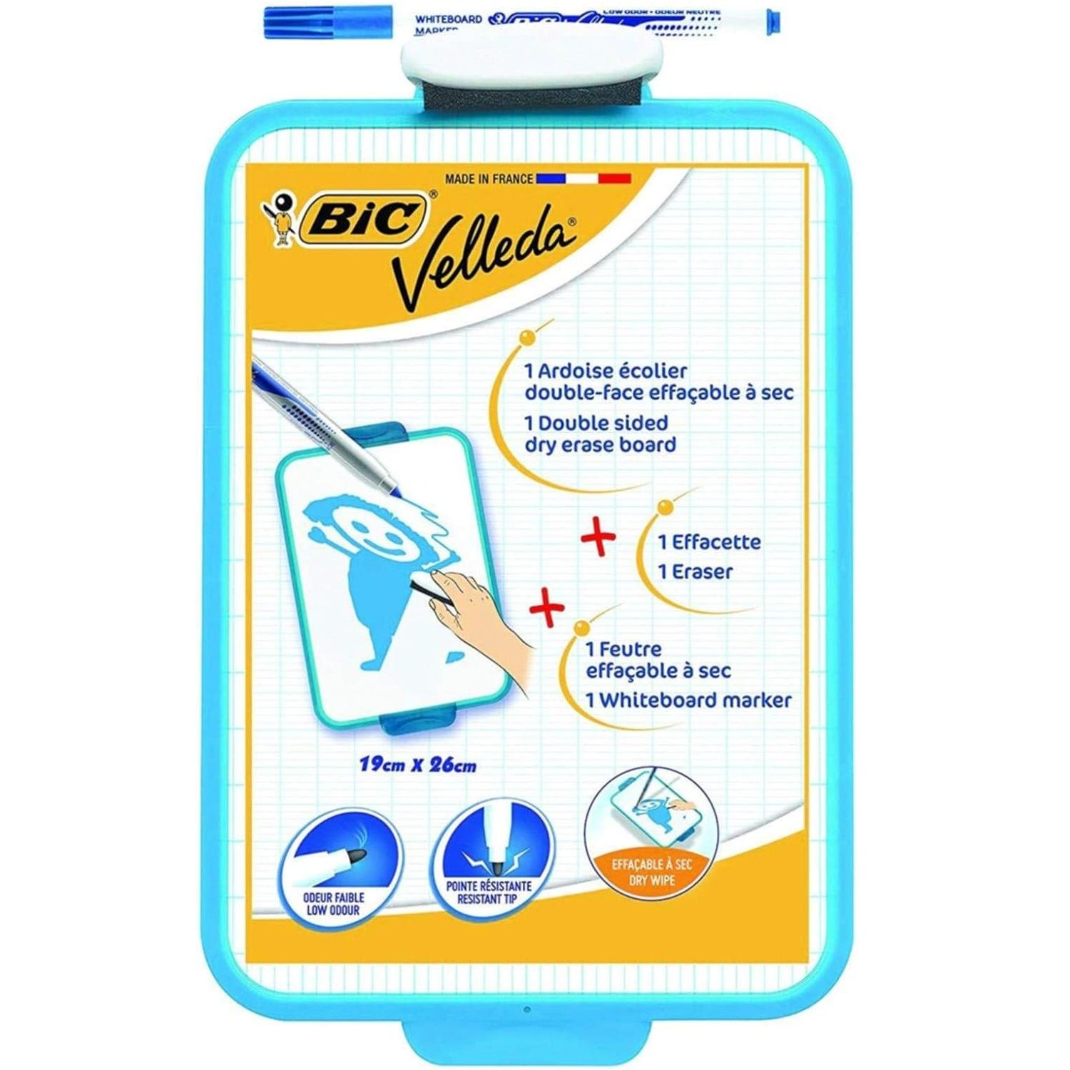 Pizarra Blanca BIC Velleda de Doble Cara 19x26 cm para Escritura y Aprendizaje con Rotulador Azul y Borrador – Ideal para Material Escolar