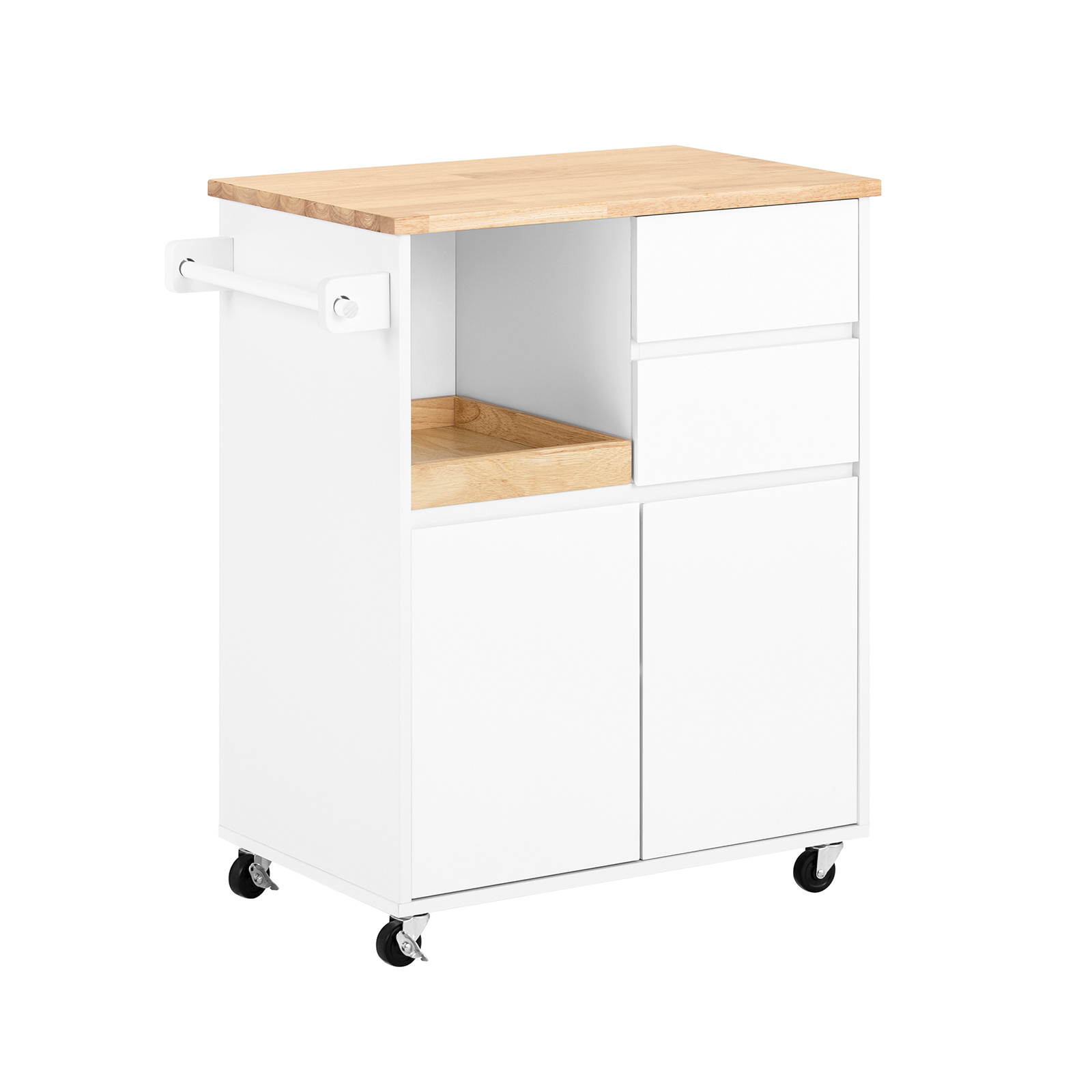 SoBuy Carrito Auxiliar de Cocina con 2 Cajones y 2 Puertas Carro Multiusos de Servicio Comedor con 4 Ruedas 1 Toallero y 1 Compartimento Abierto Blanco 72 x 42 x 84 cm FKW123-WN ES