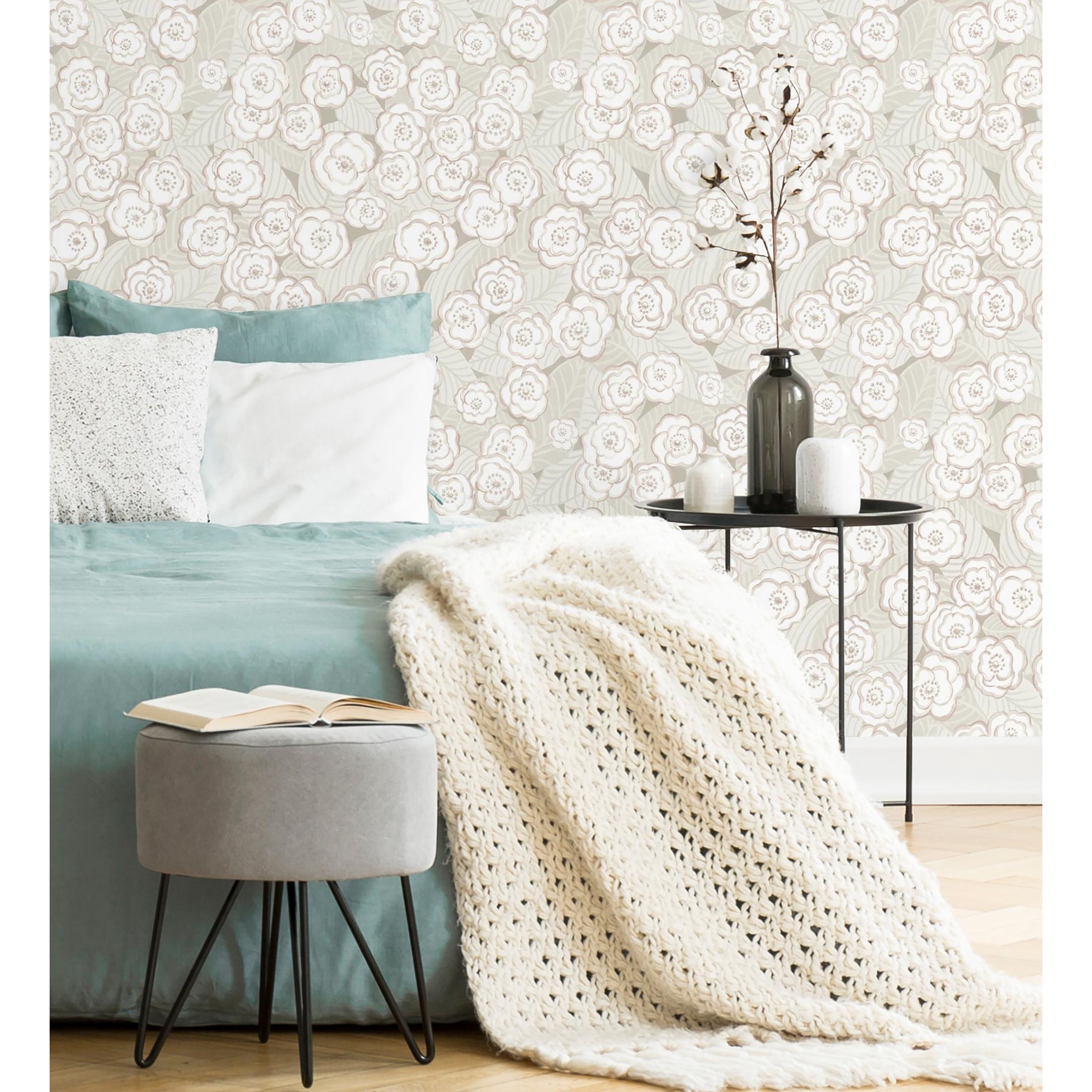 Papel pintado vinílico ecológico de flores rosa pálido fondo gris - Helen Flowers 680620 de GAULAN - Rollo de 10 m x 0,53 m