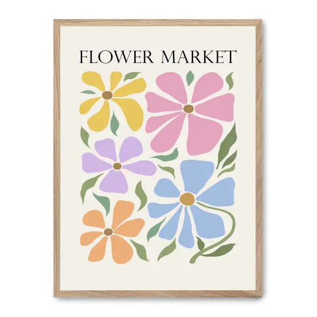 Cuadro flower market v 30x40cm, Póster impreso en papel de primera calidad de 180gr, montado sobre marco de madera MDF acabado roble., Arte - Pinturas