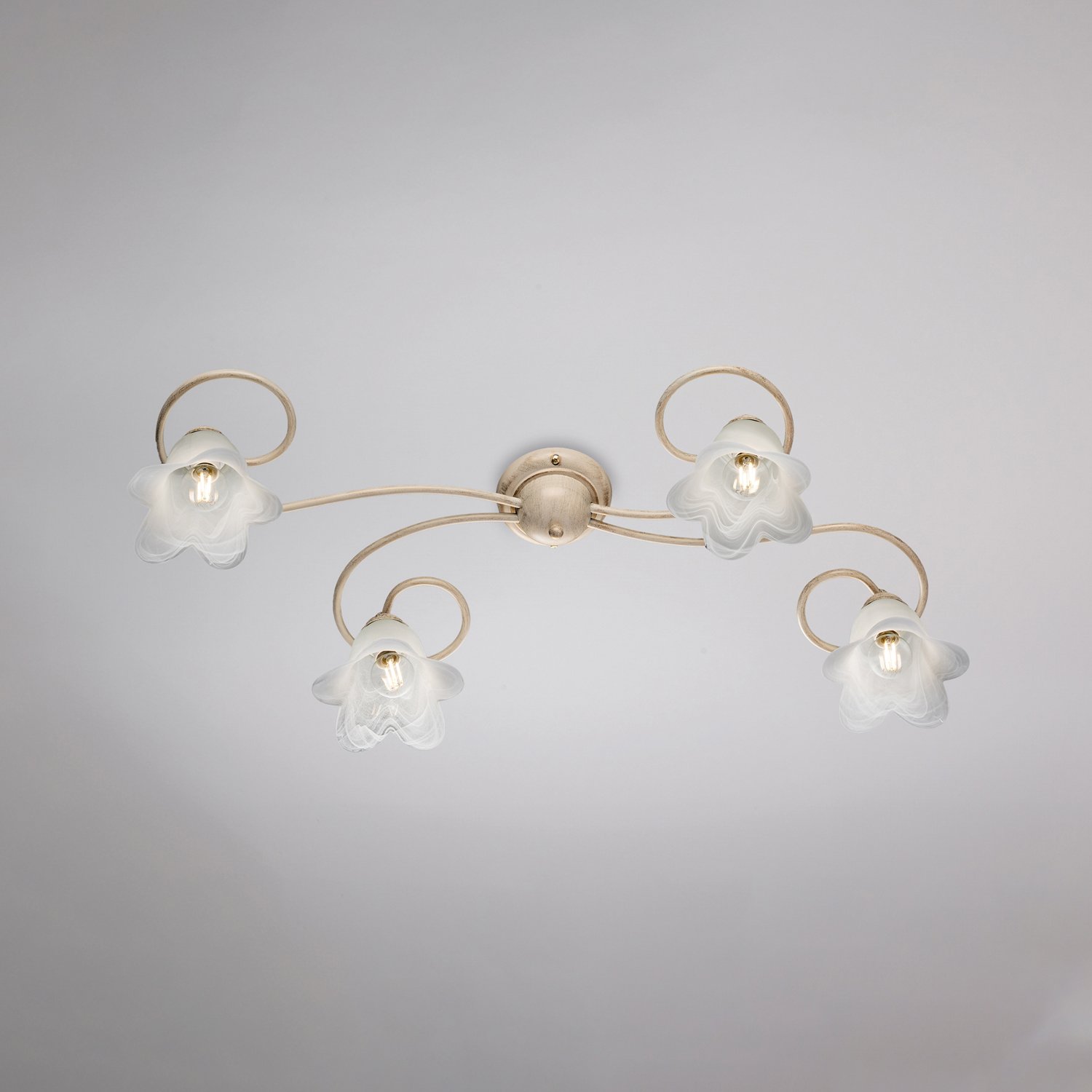 Luz de techo 4 luces Alice hierro golpeado marfil y oro de cristal blanco