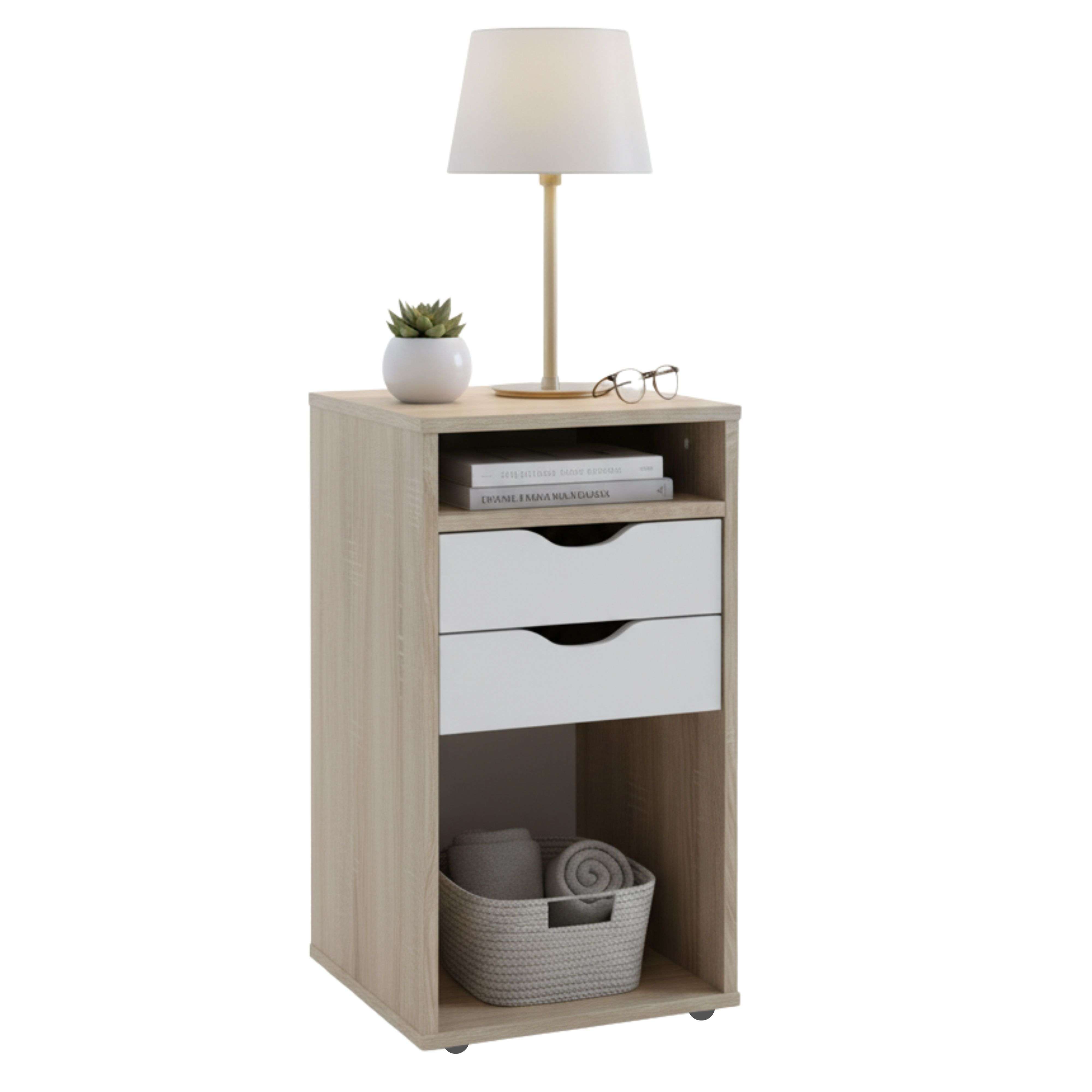 Miroytengo Mesita de noche, Mesilla de Noche, Mesita Dormitorio 2 Cajones Parc Roble Sonoma y Blanco Mate 36x71x40 cm