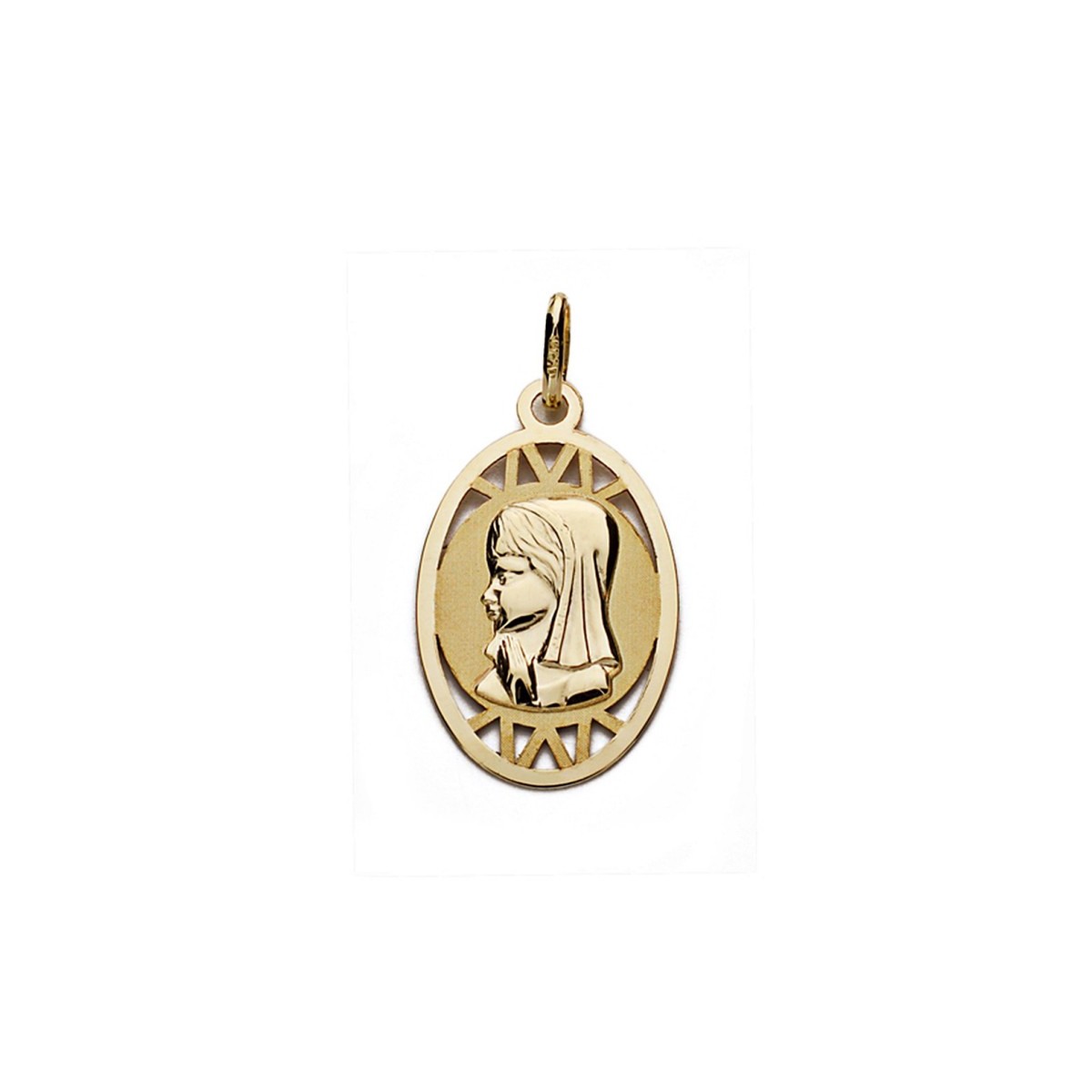 Medalla oro 9k Virgen Niña oval 21mm. detalles arriba abajo calado borde liso