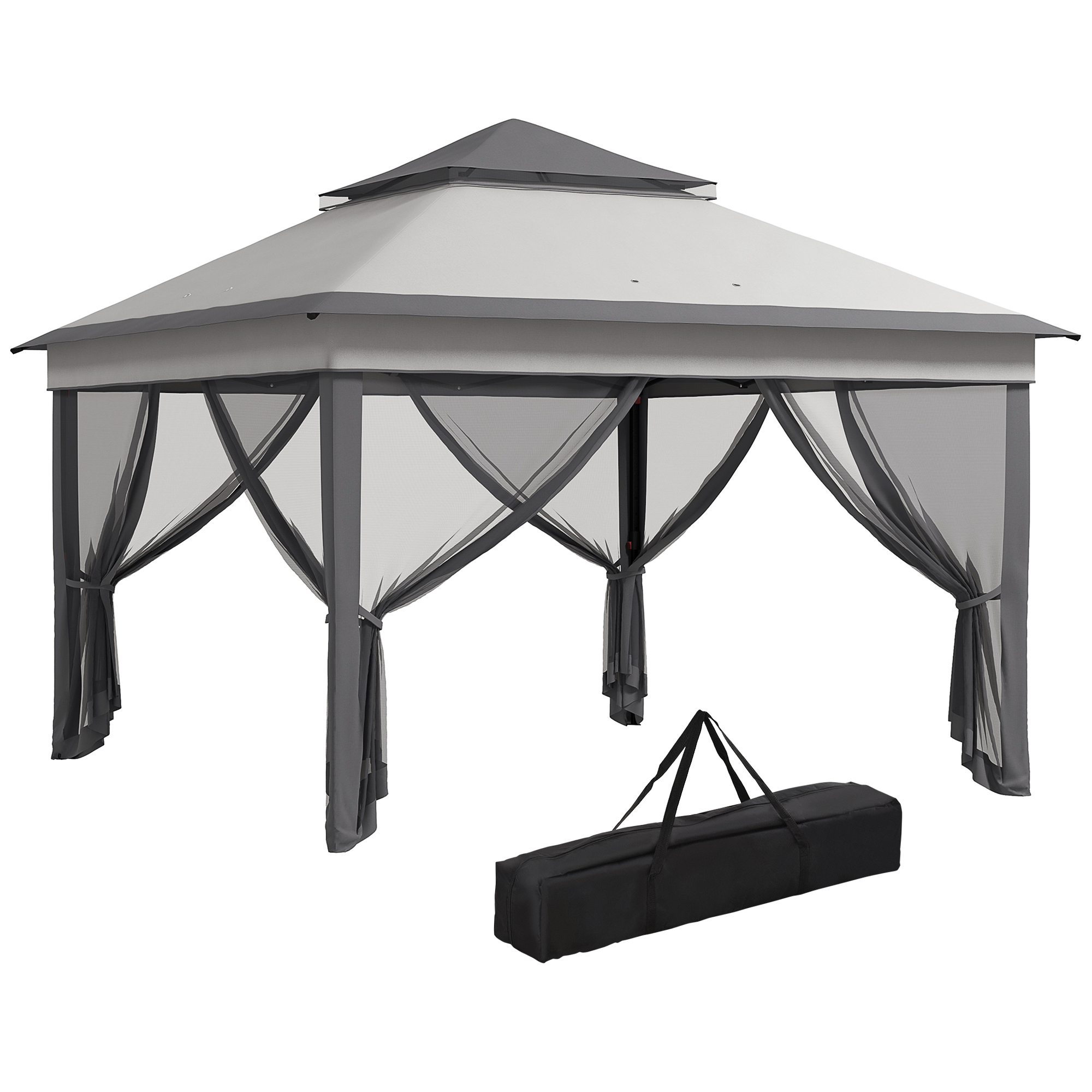 Outsunny Carpa Plegable 3x3x2,7 m Cenador de Jardín con Doble Techo Altura Ajustable 4 Mosquiteras Protección UV30+ Impermeable y Bolsa Gazebo para Exterior Fiestas Camping
