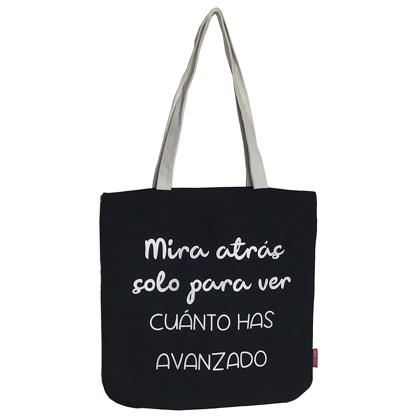 Hello-Bags. Bolso tote bag con cremallera, forro y bolsillo interior. Exterior: Algodón 100%. Incluye sobre kraft de regalo. Modelo MIRA ATRÁS. Color: Crudo / Negro. Medidas: 37x38 cm.