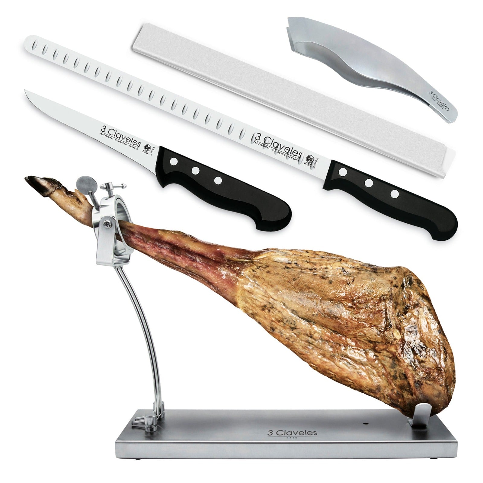 3 Claveles - Kit Soporte Jamonero Plegable Inox., Cuchillo, Deshuesador, Pinzas y Funda