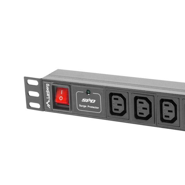 LANBERG - Regleta de corriente PDU-10I-0200-IEC-BK para rack 19 pulgadas, 10 salidas AC C13, 2500 W y 10 A por toma, diseño 1U negro, cable de 2 m, indicadores LED, ideal para centros de datos y oficinas