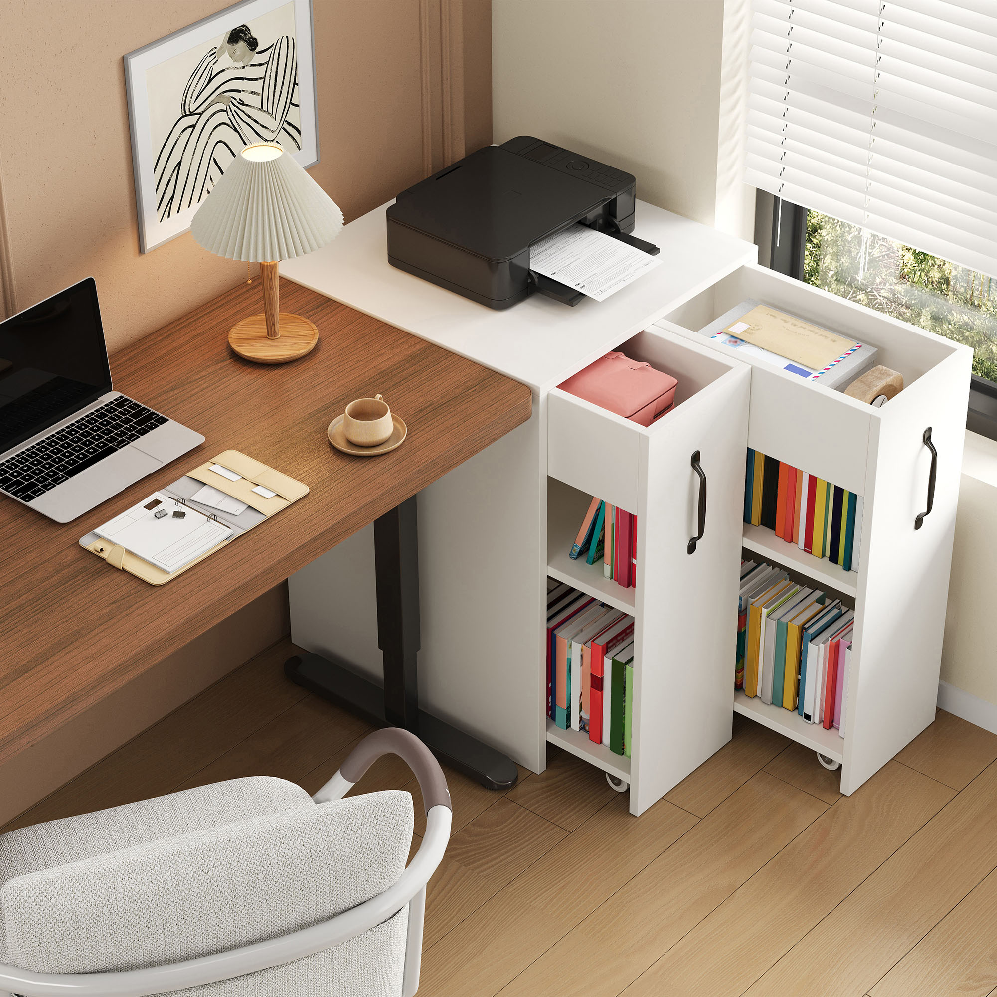 Petite bibliothèque blanche à roulettes avec étagères, tiroirs et configuration réversible gauche ou droite