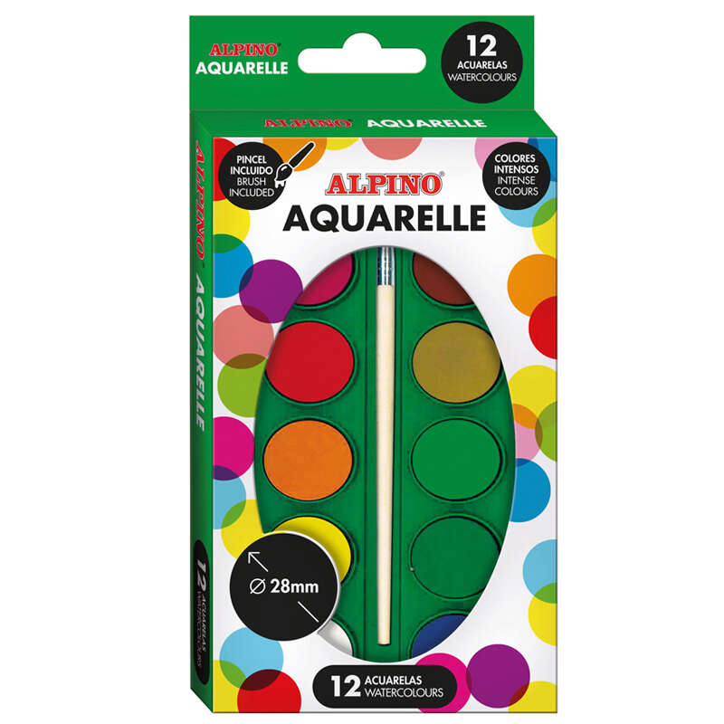 Alpino pack de 12 acuarelas - 28mm diametro - colores intensos - incluye pincel - colores surtidos