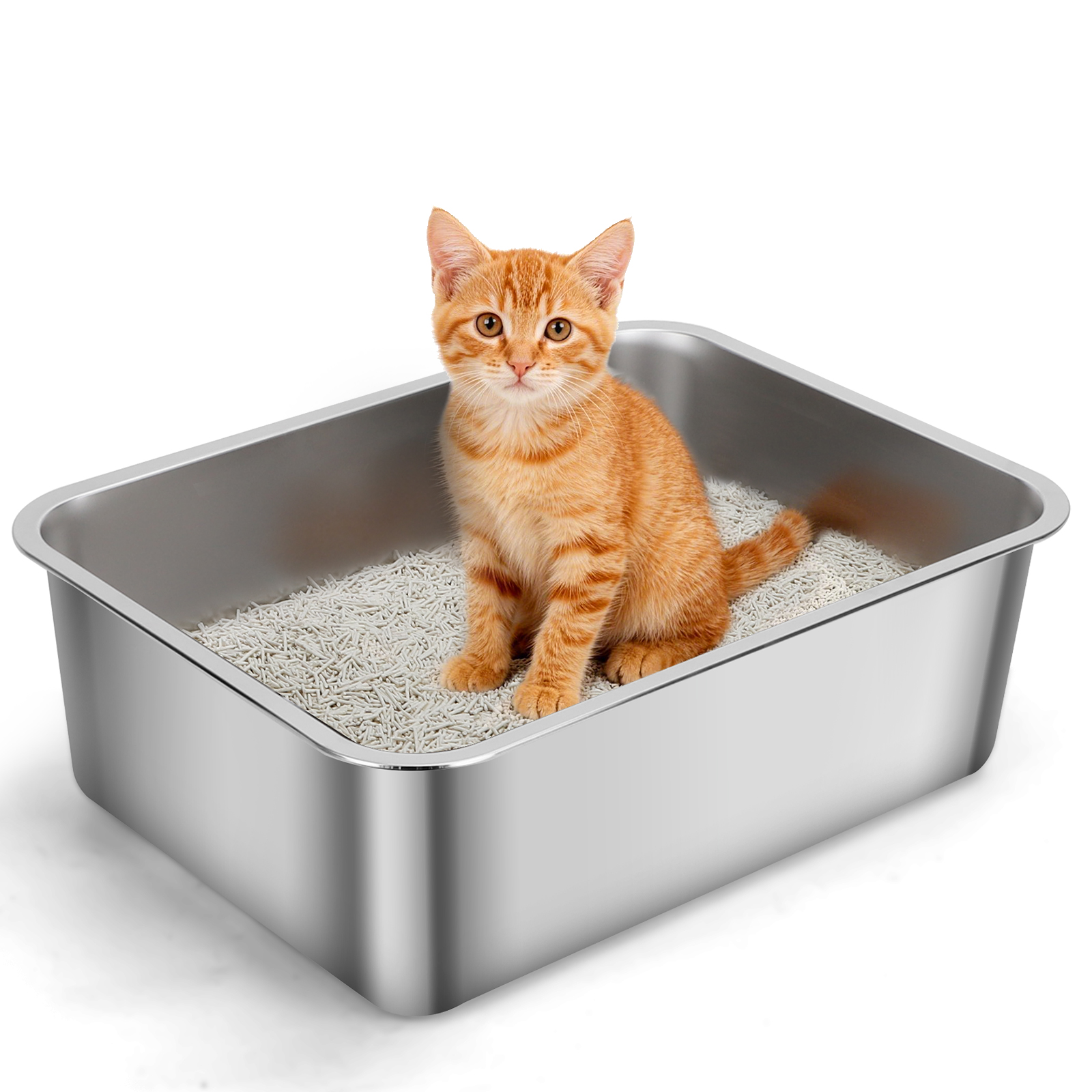 Nobleza Arenero para Gatos Grande en Acero Inoxidable Borde Alto, Antiolores y Antideslizante, Ideal para Múltiples Gatos o Gatitos 60x40x15cm