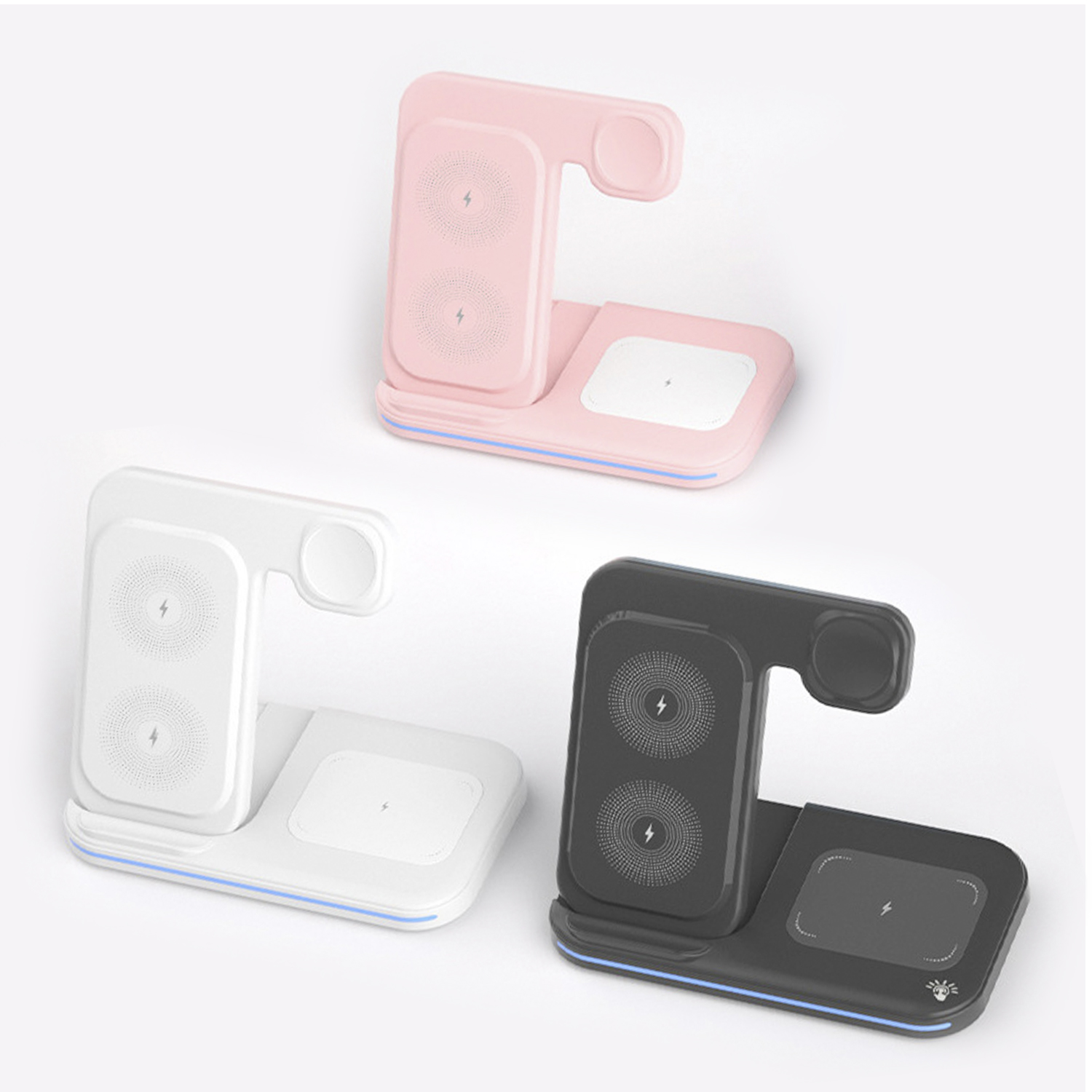 DAM. Base de carga inalámbrica plegable 3 en 1. Base Qi 15W doble posición, cargador de Apple Watch y base Qi. Con luz ambiental. Función stand. 15x9x11cm.