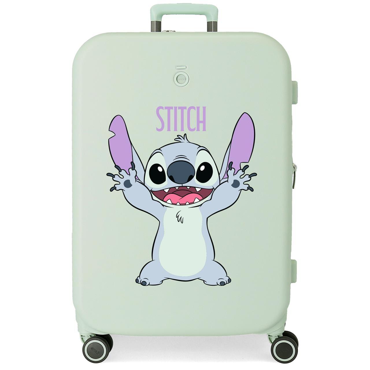 Maleta mediana Stitch Playful de 48 cm x 70 cm x 28 cm. Tiene una capacidad de 79L y pesa 4 kg. Fabricada en ABS, un material resistente y ligero.