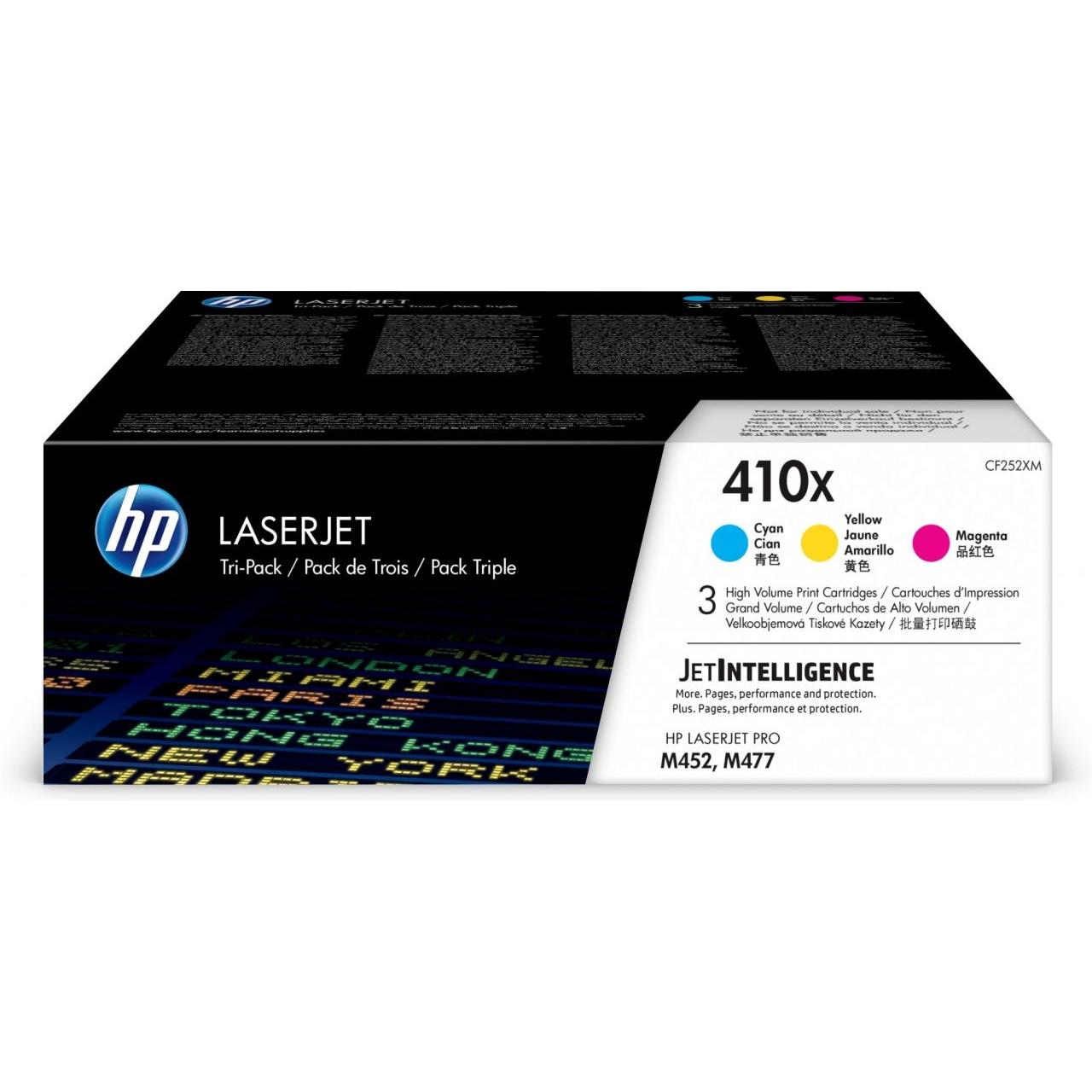 HP - Tóner original CF252XM para impresoras LaserJet Pro M377, M452 y M477, pack de 3 cartuchos alta capacidad (5000 páginas cada uno) cian, magenta y amarillo