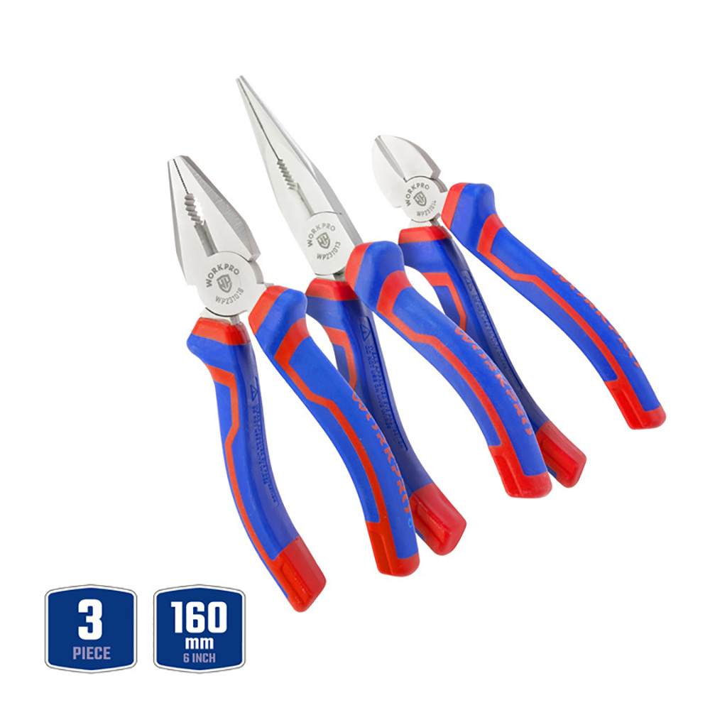 WORKPRO Juego de 3 Alicates 160mm - Acero Cromo Vanadio - Mango Bimaterial