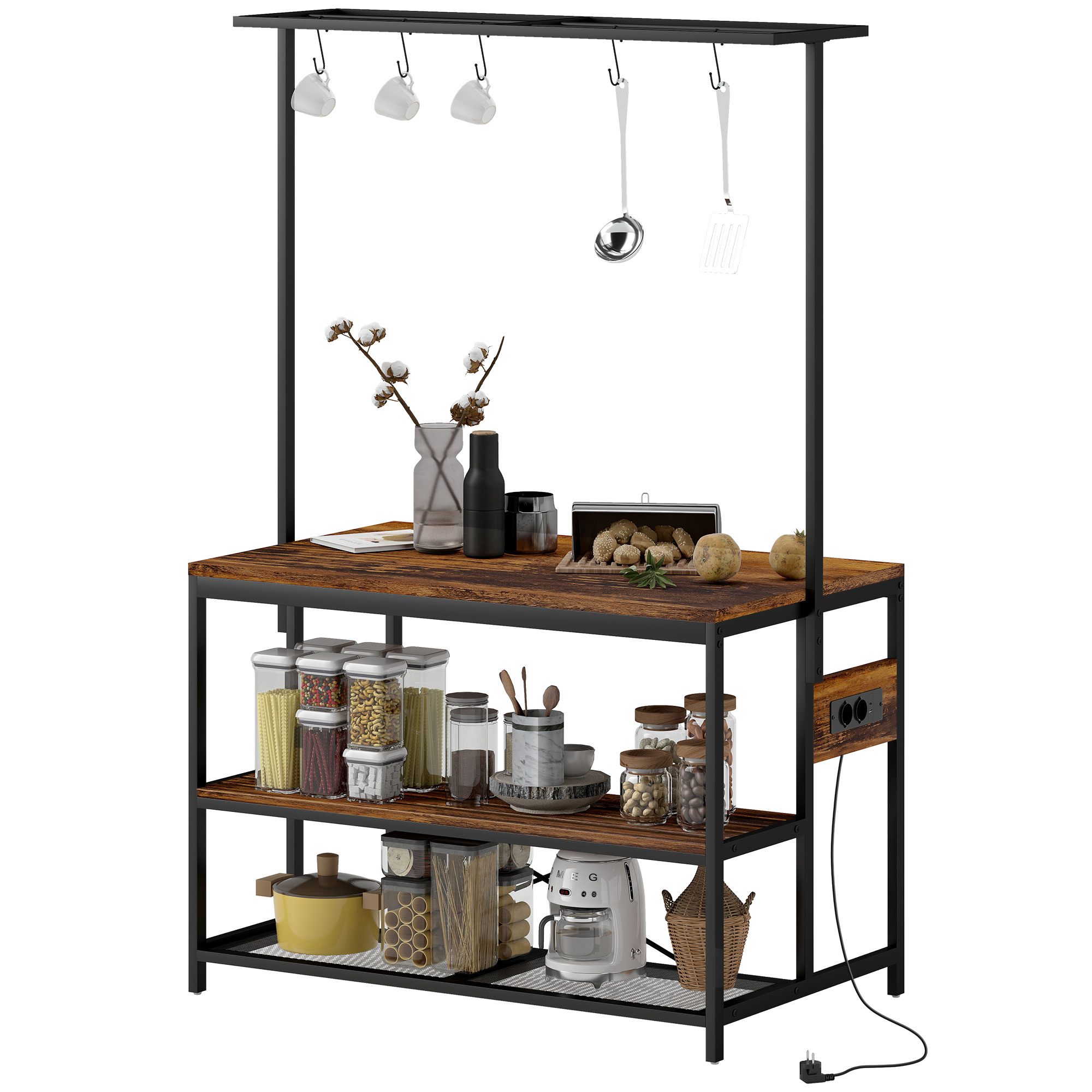 HOMCOM Estantería de Cocina con Toma de Corriente Estante de Cocina Industrial con Estantes Ganchos Mueble Auxiliar para Comedor Salón 116x70x182 cm Marrón Rústico