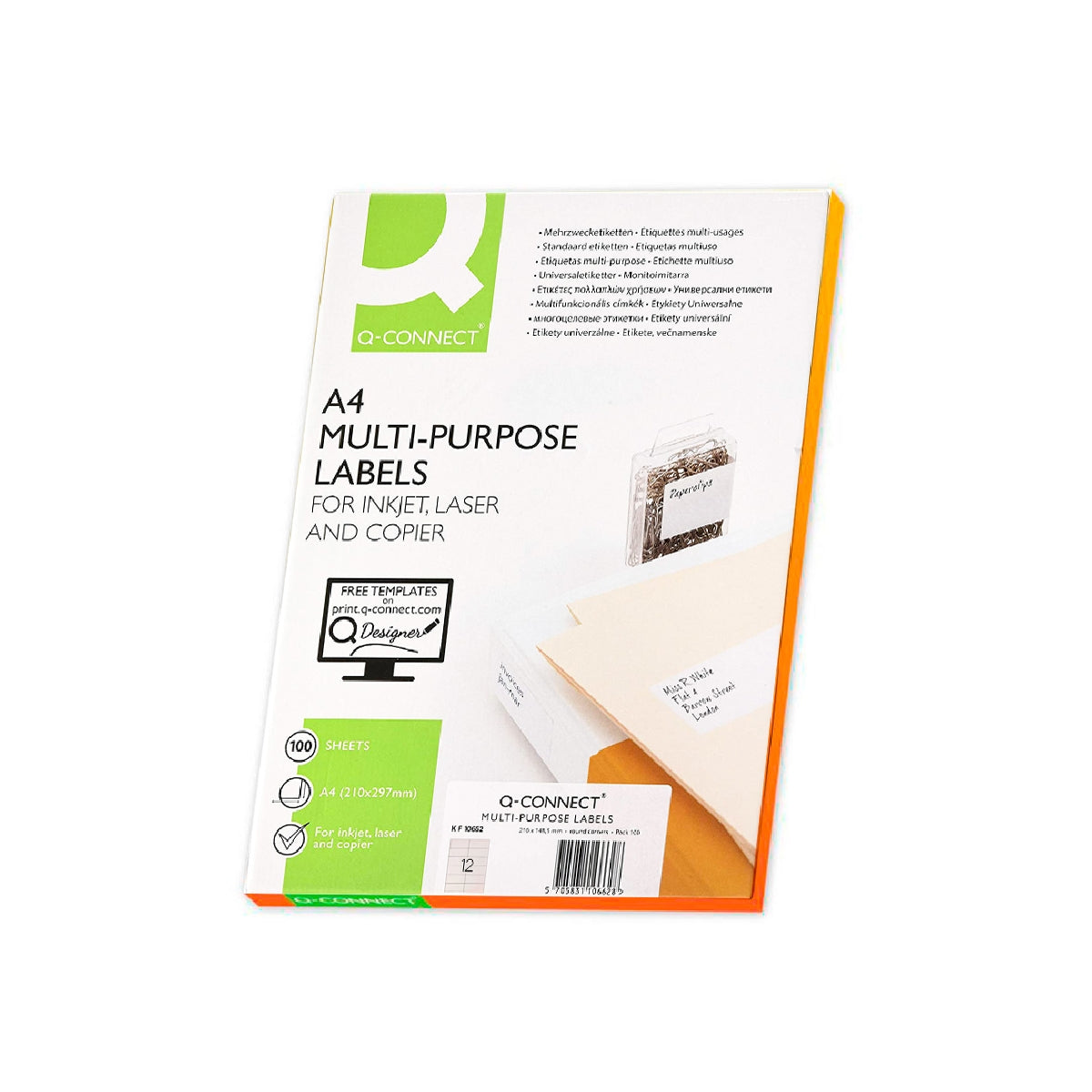 Q-CONNECT KF10657 - Caja 100 Hojas DIN A4 de 12 Etiquetas Adhesivas 105x48 mm Copia Laser InkJet Blancas