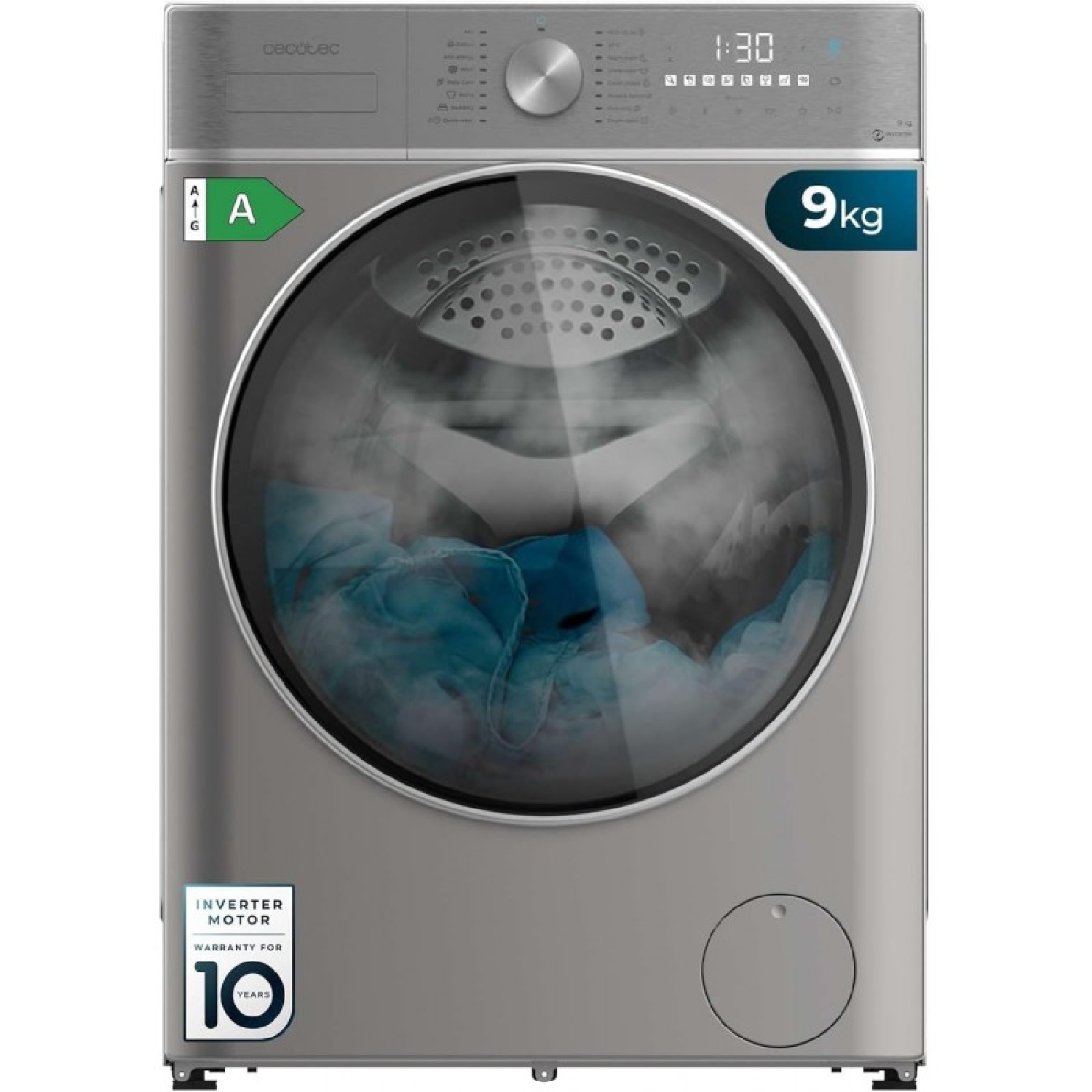 Cecotec Lavadora 9Kg de Carga Frontal Bolero DressCode 9800 Inverter Steel A 1400 rpm, Clase A, 16 Programas