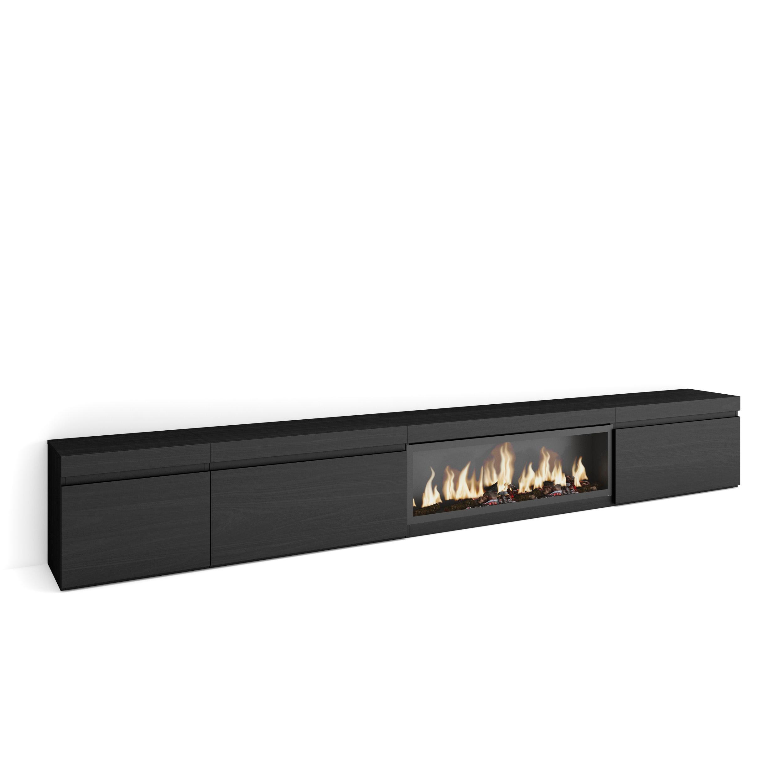 Skraut Home, Mueble TV, Televisión, Muebles de salón, almacenaje, 317x35x45cm, Chimenea eléctrica XXL led efecto fuego 3d, color Negro