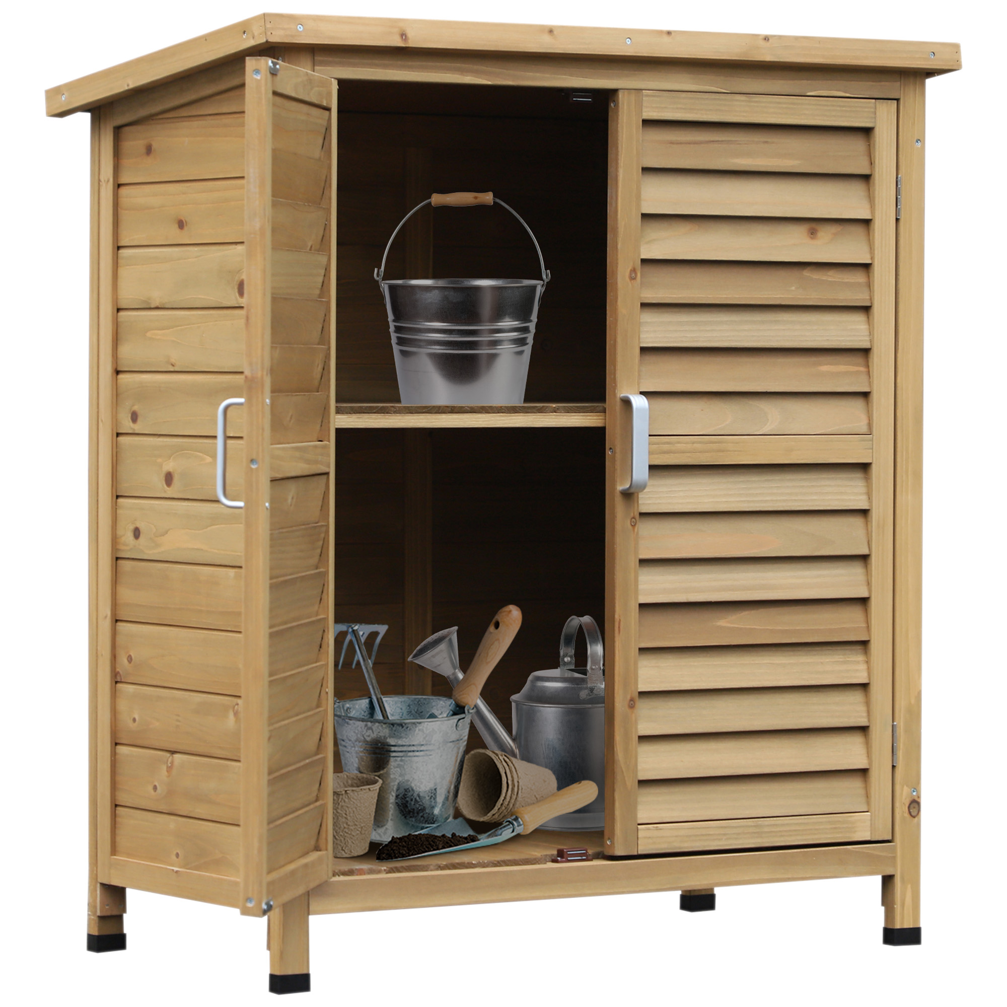 Outsunny Cobertizo de Almacenamiento de Madera para Jardín con 2 Estantes Interiores 2 puertas y Techo Inclinado para Exterior Terreza 87x46,5x96,5 cm
