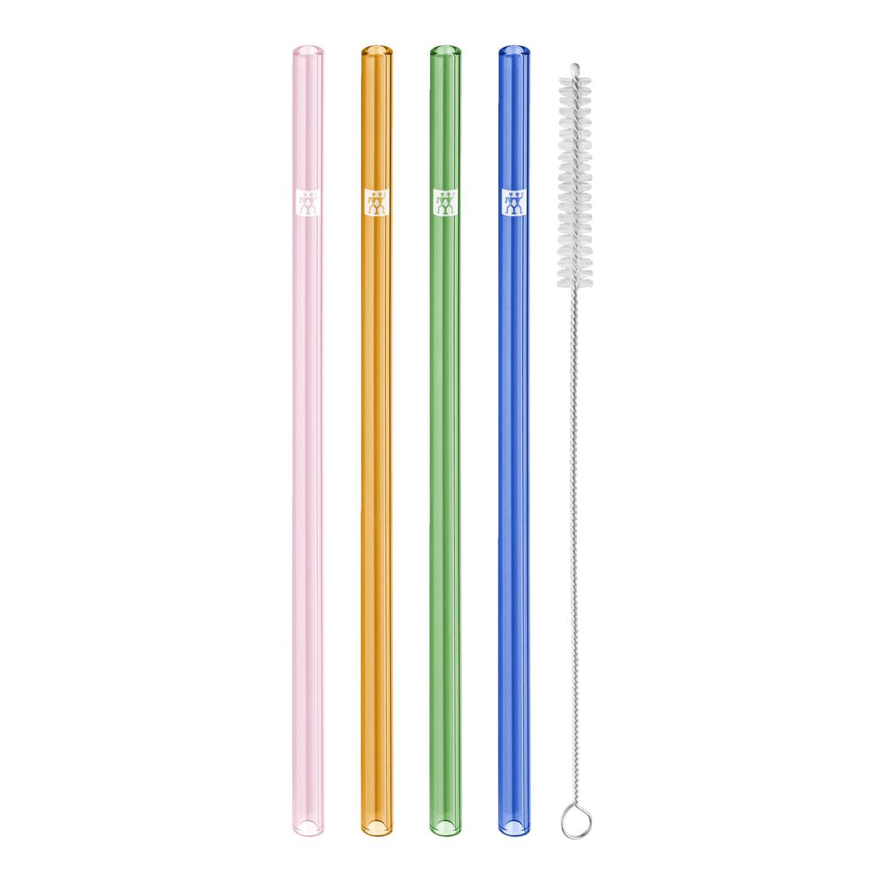 ZWILLING - Pajitas de Cristal de Borosilicato, 4 Unidades, 23 cm, Forma Recta, Multicolor, Incluye Cepillo de Limpieza