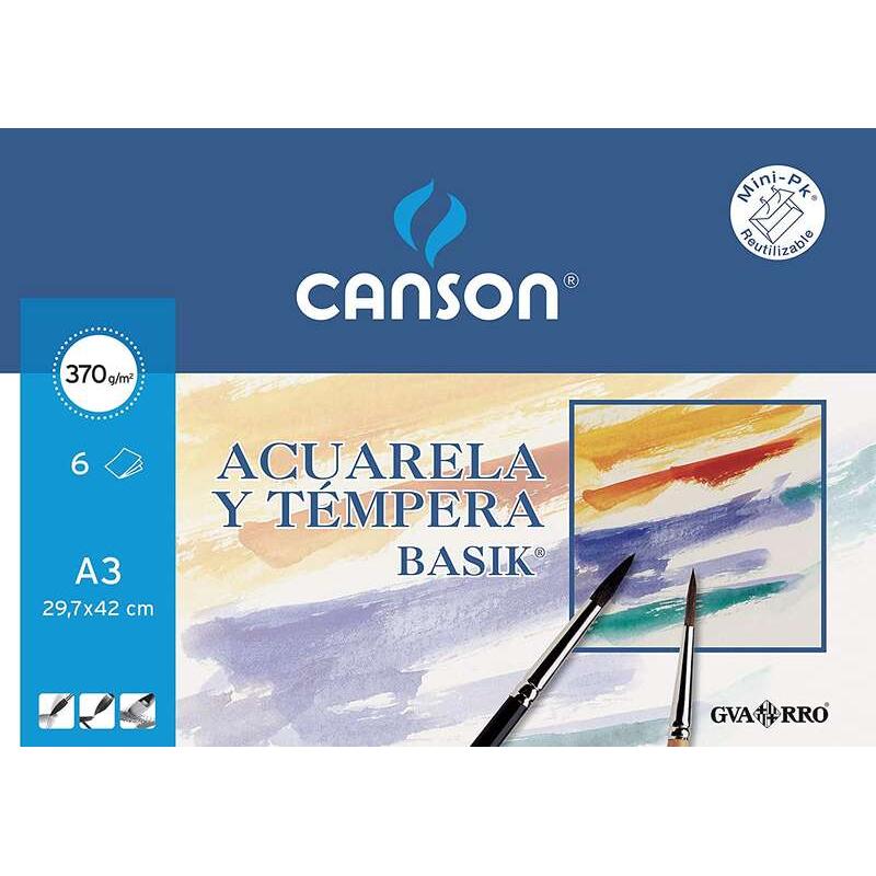 Canson acuarela basik minipack de 6 hojas a3 - 29.7x42cm - 370g - color blanco