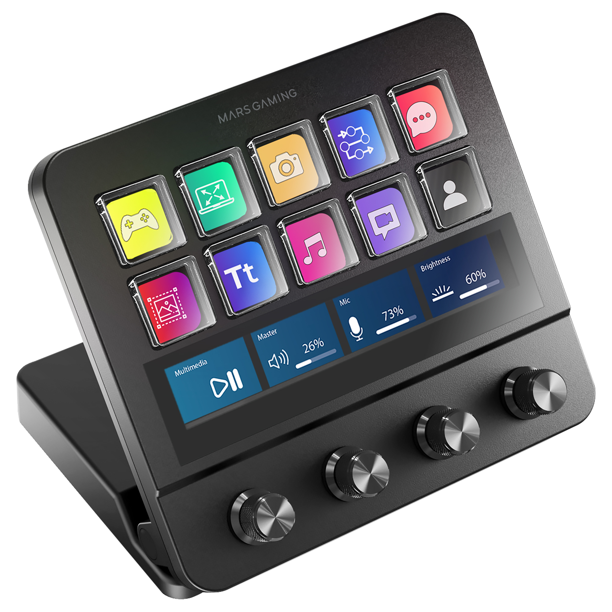 Mars Gaming MSD-PRO, Control Deck, 10 Teclas LCD y 4 Diales Personalizables, Pantalla Táctil Extendida Animada, Base Ajustable; Software de Control, Hub USB con 2x USB 3.0 + 1x USB-C, Control Deck Gaming Negro o Blanco