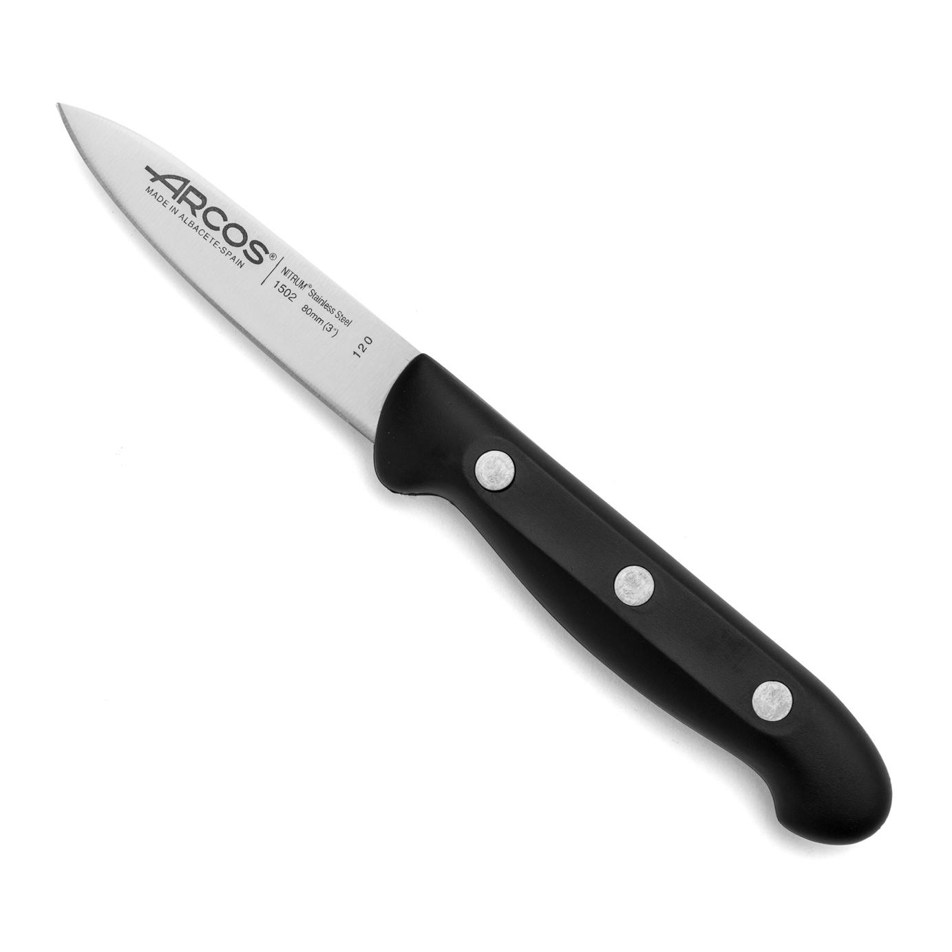 Arcos Cuchillo Pelador Acero Inoxidable. Cuchillo Cocina Profesional para Pelar Frutas y Verduras. Mango Ergonómico Polioximetileno y Hoja 80mm. Serie Maitre. Color Negro.