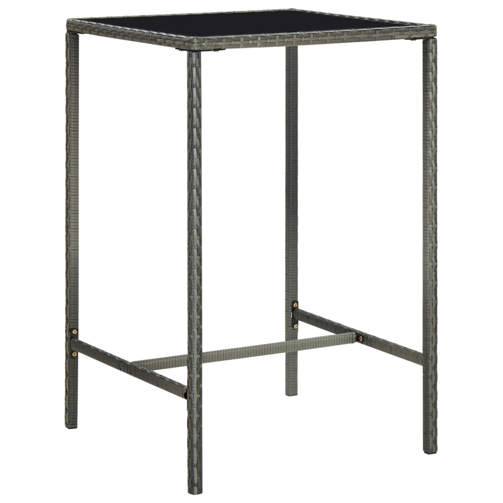 vidaXL Mesa alta de jardín ratán sintético y vidrio gris 70x70x110 cm