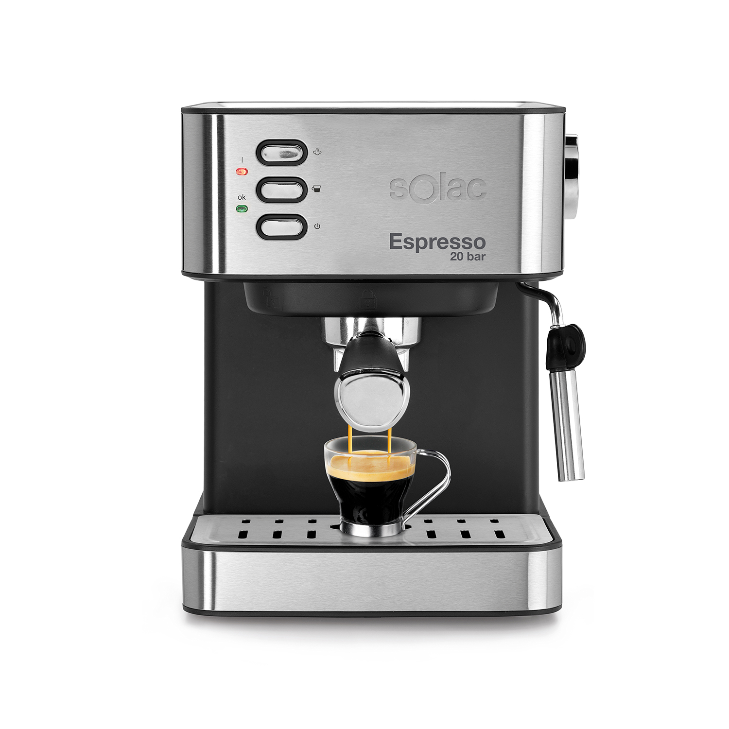 Solac - Cafetera Espresso INOX 2en1 20 Bar Sistema Doble Salida y Super Crema Bandeja Calientatazas Vaporizador Orientable 1.2L Apto Cápsulas y Café Molido Apagado automático