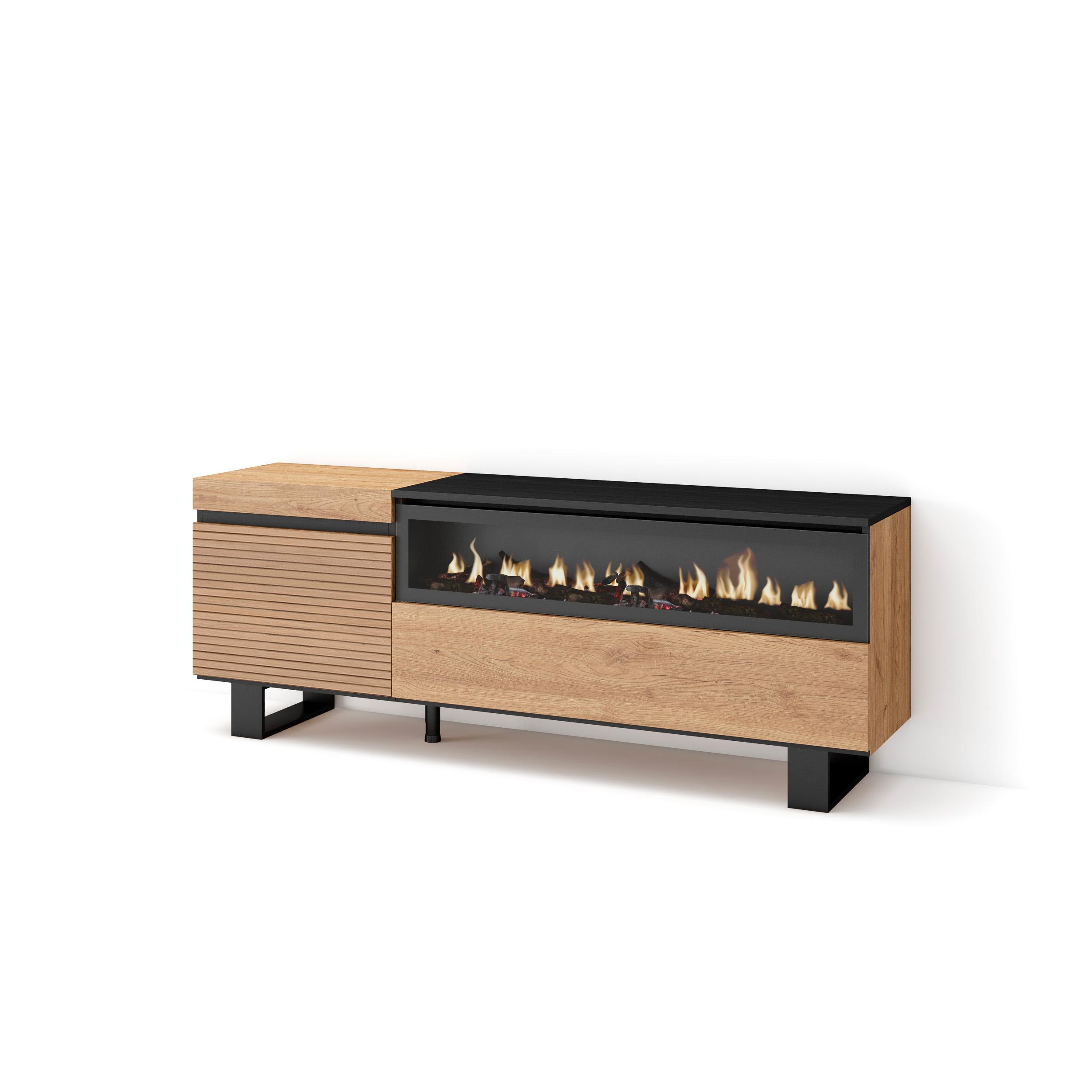 Skraut Home, Mueble TV con puertas para almacenaje, 150x35x57cm, Chimenea Eléctrica led efecto fuego 3d- color Roble