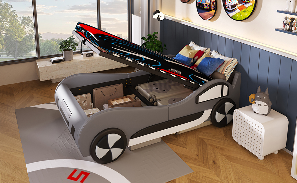 Lit voiture enfant gris 90 x 200 cm avec sommier à lattes et coffre de rangement hydraulique