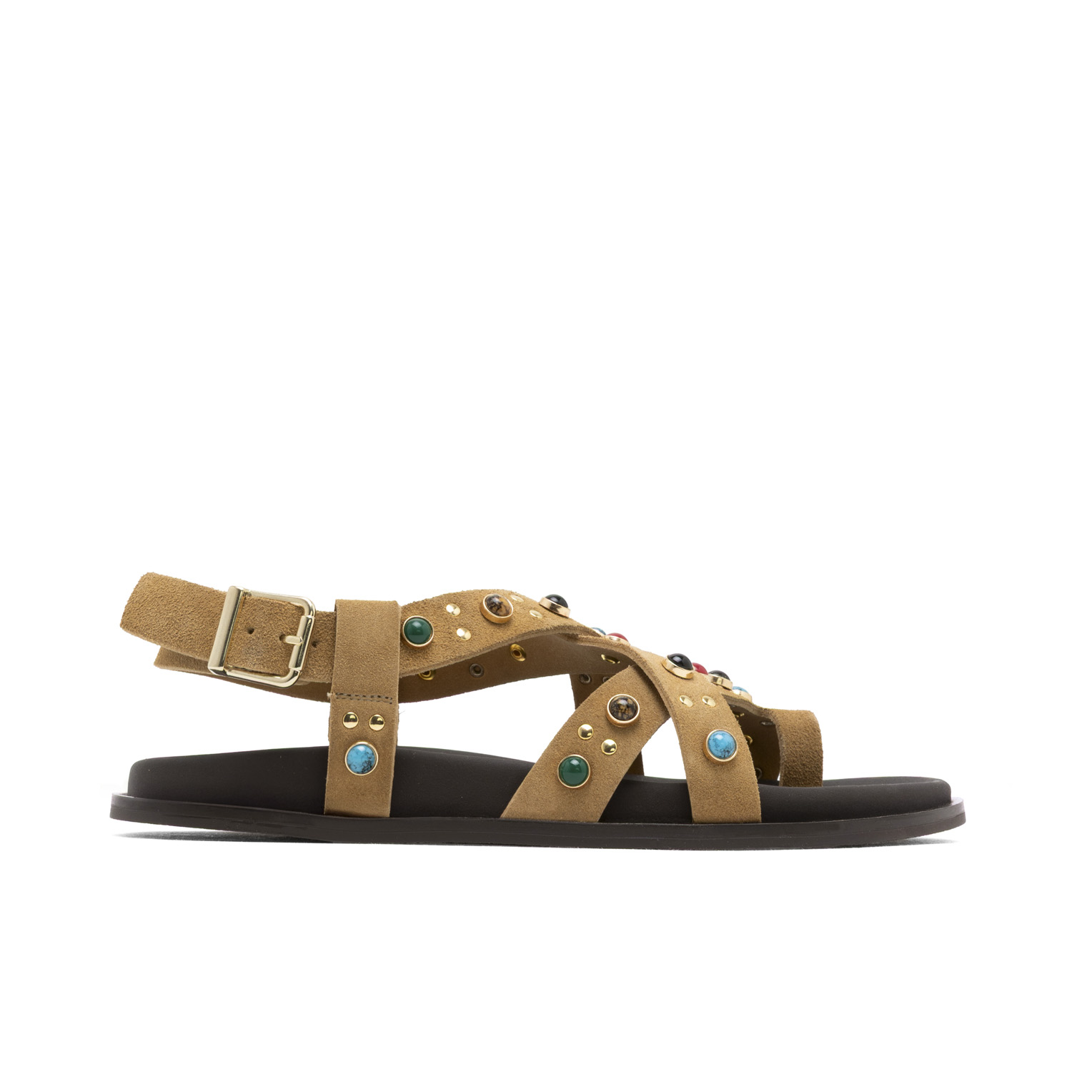 Sandalia Plana de Piel Hazel Camel: Comodidad Ergonómica y Estilo Artesanal en Marrón, con Tiras de Pedrería Multicolor y Cierre de Hebilla Ajustable. Disfruta de una Plantilla Acolchada y un Diseño A