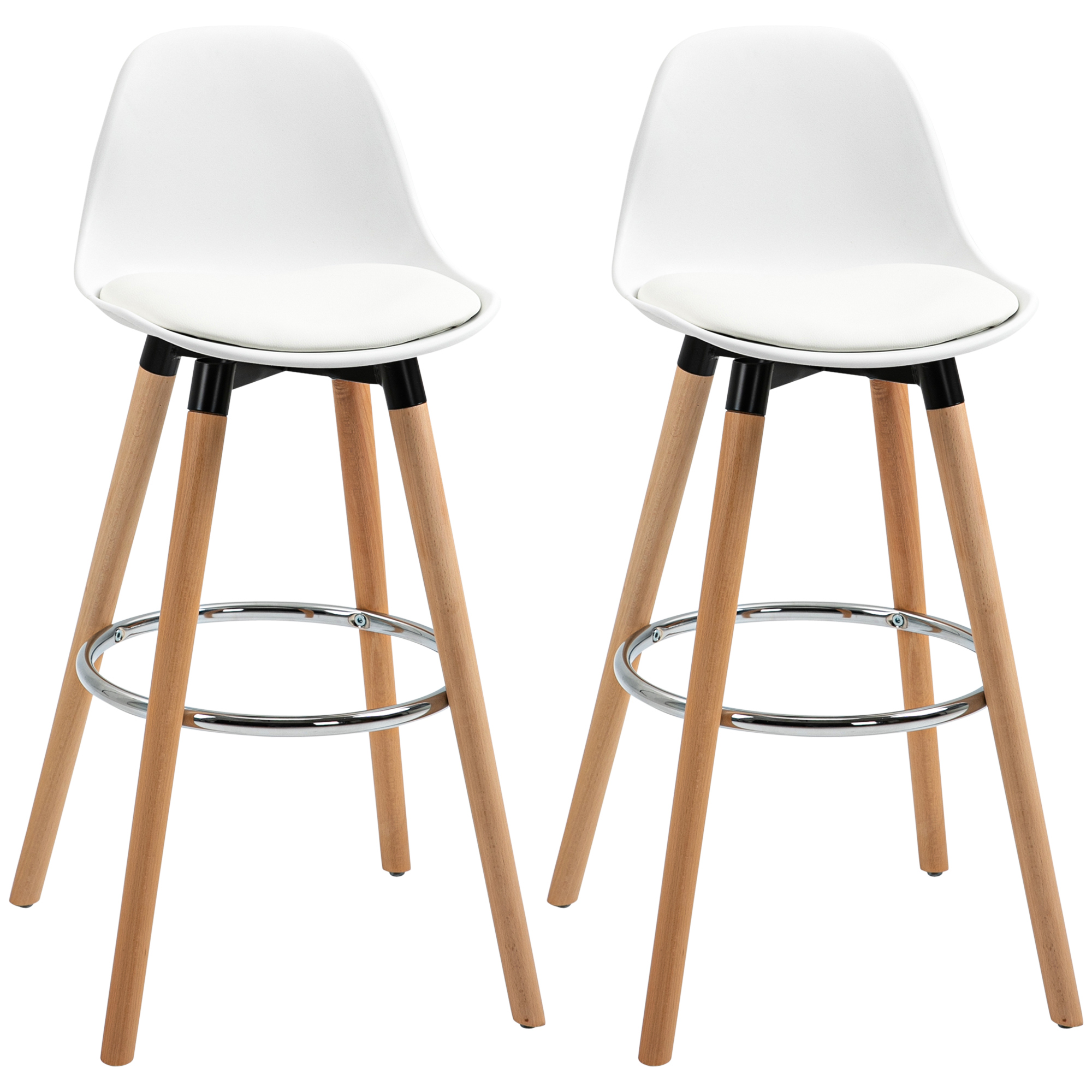 HOMCOM Juego de 2 Taburetes Altos de Cocina Altura Asiento 69 cm Taburetes de Bar Sillas Altas de Cocina Tapizado en PU con Respaldo Patas de Madera para Comedor Blanco