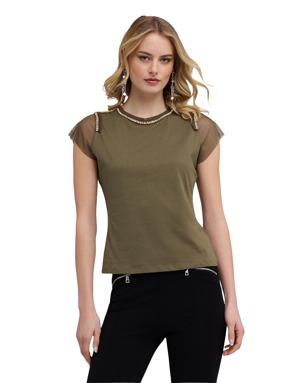 Motivi - Camiseta con mangas de tul y bordados joya