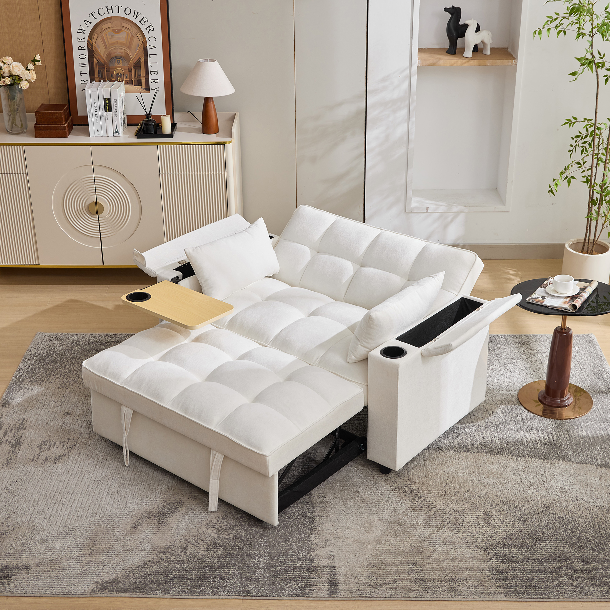 Canapé convertible 2 places beige 3-en-1 avec dossier réglable, USB-C, table cachée et porte-gobelet