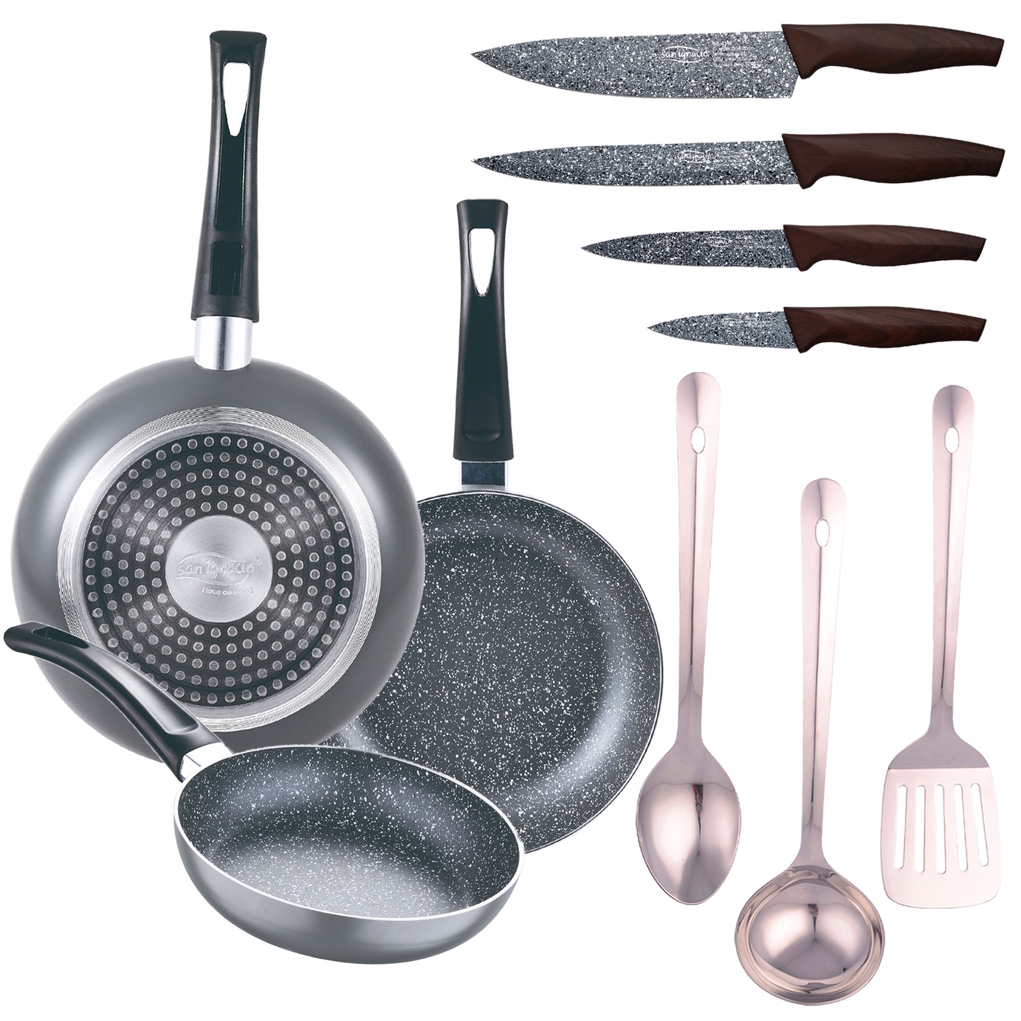 Set 3pc sarten (16+20+24cm) aluminio prensado, inducción, azul navy paradise con Set 3pc utensilios de cocina silicona madera