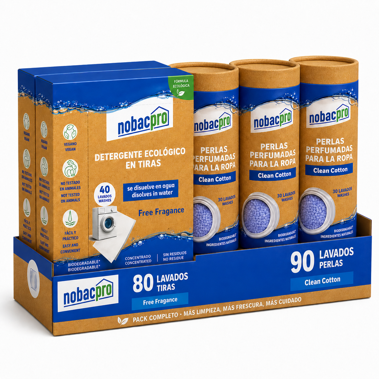 NobacPro - Pack Detergente en Tiras Lavadora + Perlas Perfumadas para Ropa | 40 / 80 / 120 Lavados Tiras Sin Fragancia + 30 / 90 / 120 Lavados Perlas Clean Cotton | Ecológico, Hipoalergénico, Vegano y Sin Plásticos