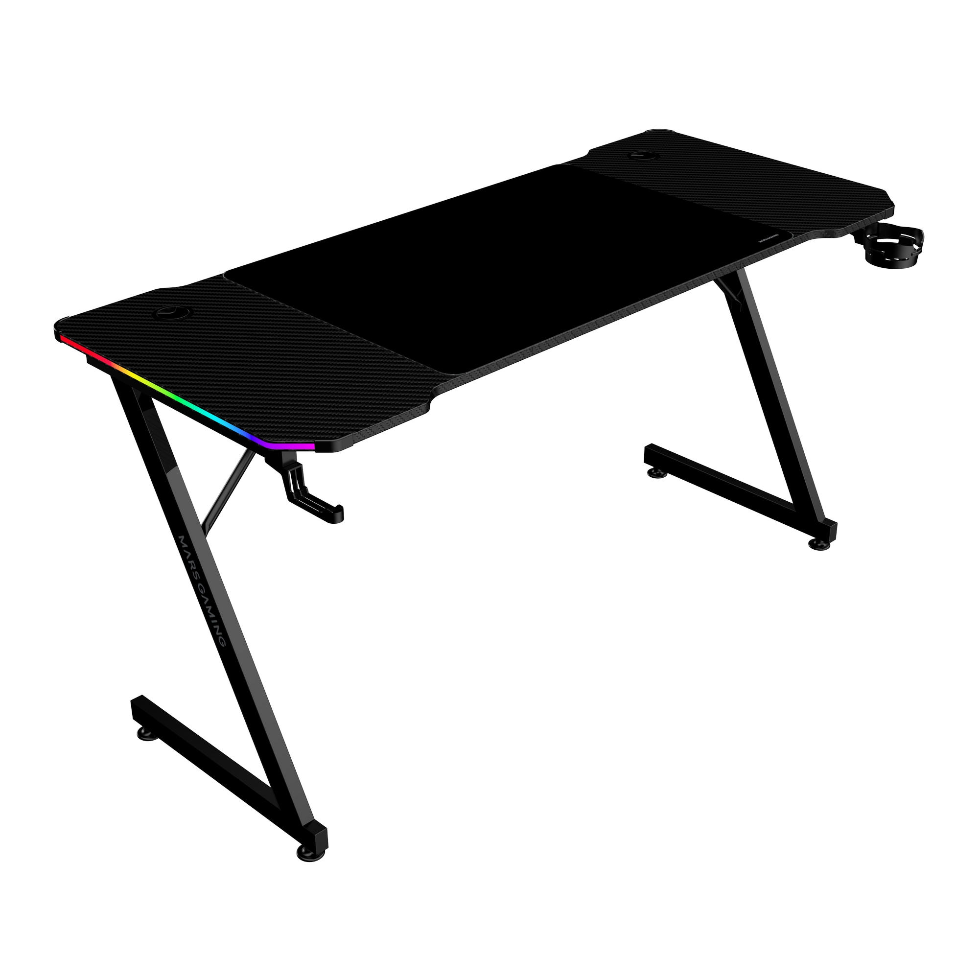 Mars Gaming MGD-X140RGB, Mesa Gaming Ergonómica, Iluminación ARGB con Mando, Fibra de Carbono, Alfombrilla XXL, Soporte Auriculares y Bebida, Gestión Cableado, Escritorio Gaming 140x60cm, Negro o Blanco