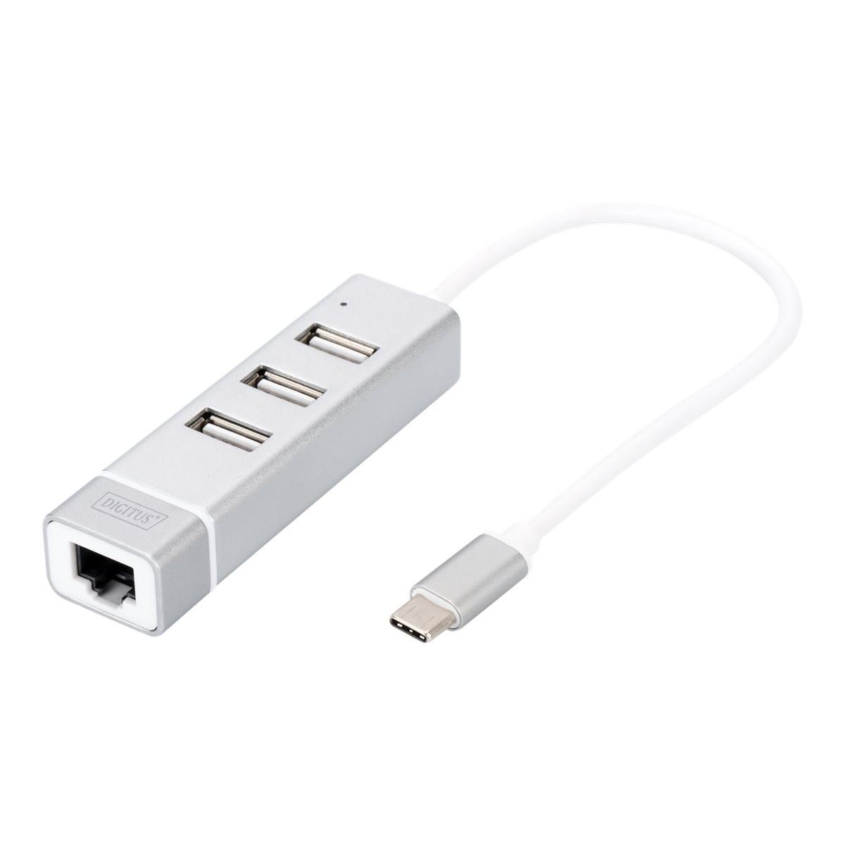 Digitus | Concentrador USB tipo C de 3 puertos + adaptador Fast Ethernet | DA-70253