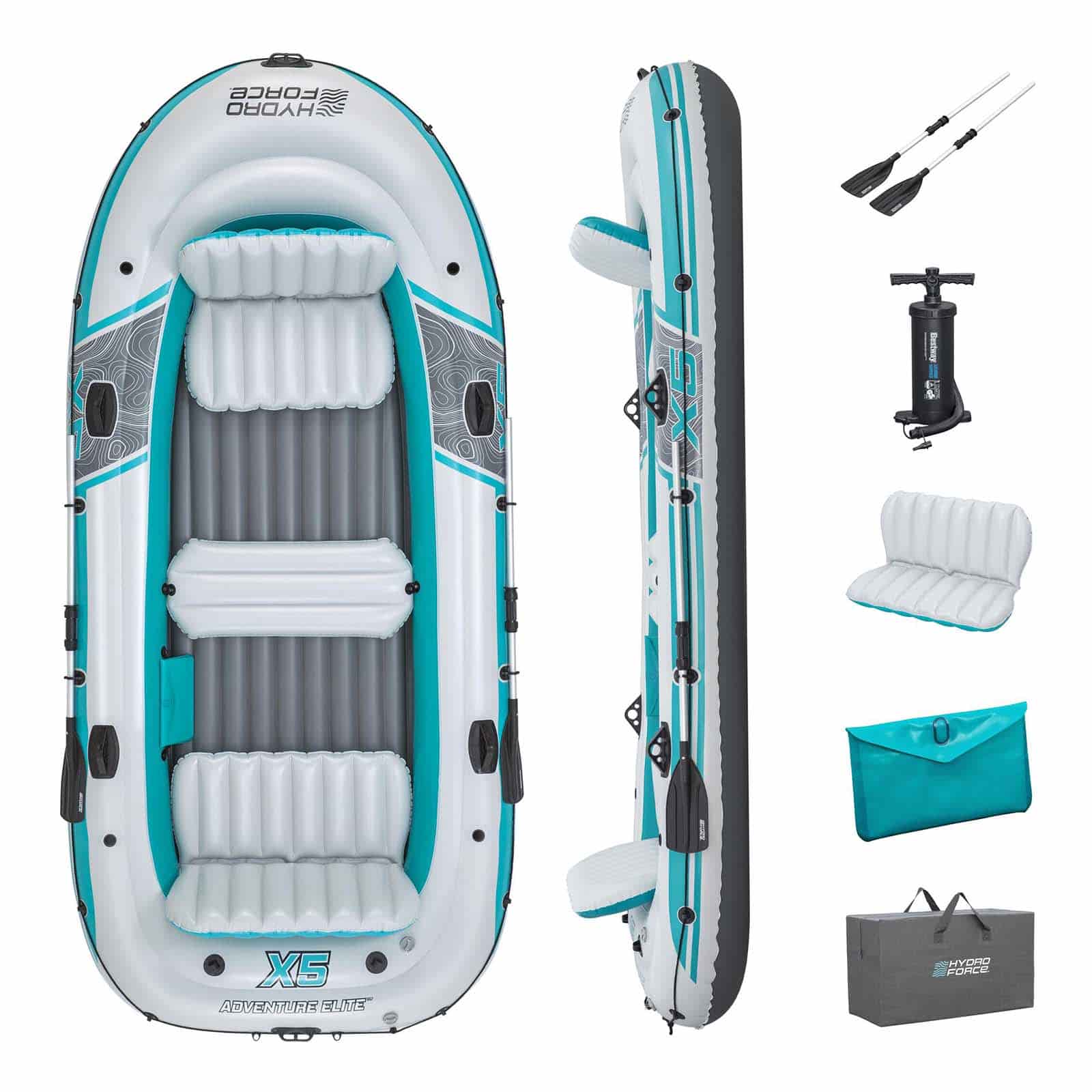 Bestway Barca hinchable Bestway Hydro Force Adventure Elite x 5 Raft Set  364 x 166 x 45 cm para 5 personas | 2 remos de aluminio de 145 cm | Bomba manual