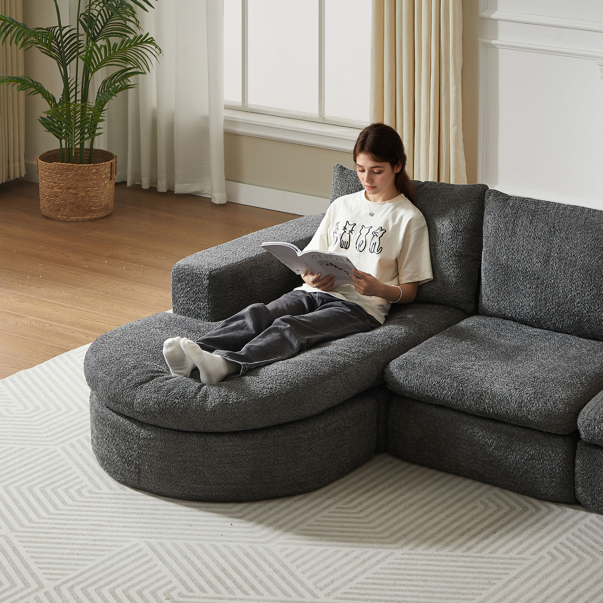 Canapé modulable 3 places gris en chenille avec méridienne, coussins double couche, oreillers de nuque et mousse compressée