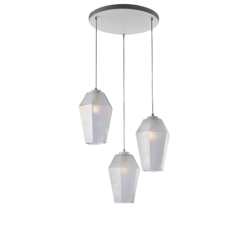 Prisma Suspensión en hierro lacado blanco con cables eléctricos orientables y difusores de cristal soplado transparente con dec. 3 luces en relieve - Belight