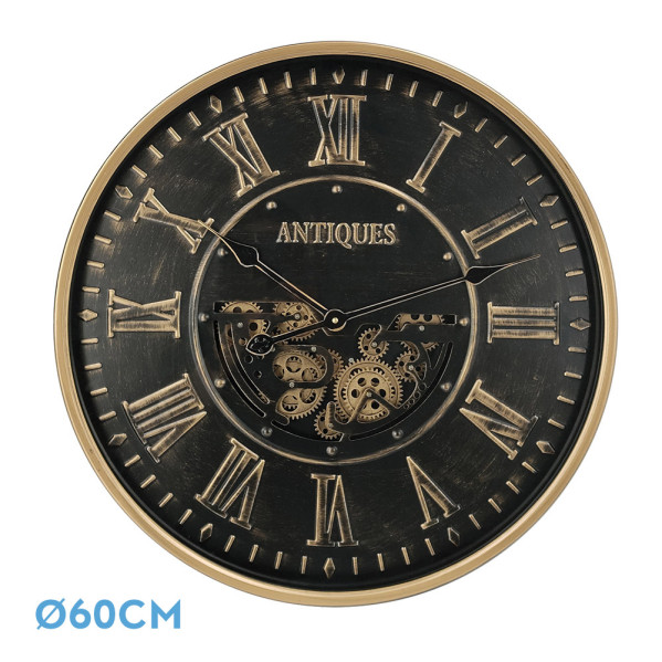 Reloj de pared TRIESTE negro oro 60x60x8 cm engranajes con movimiento